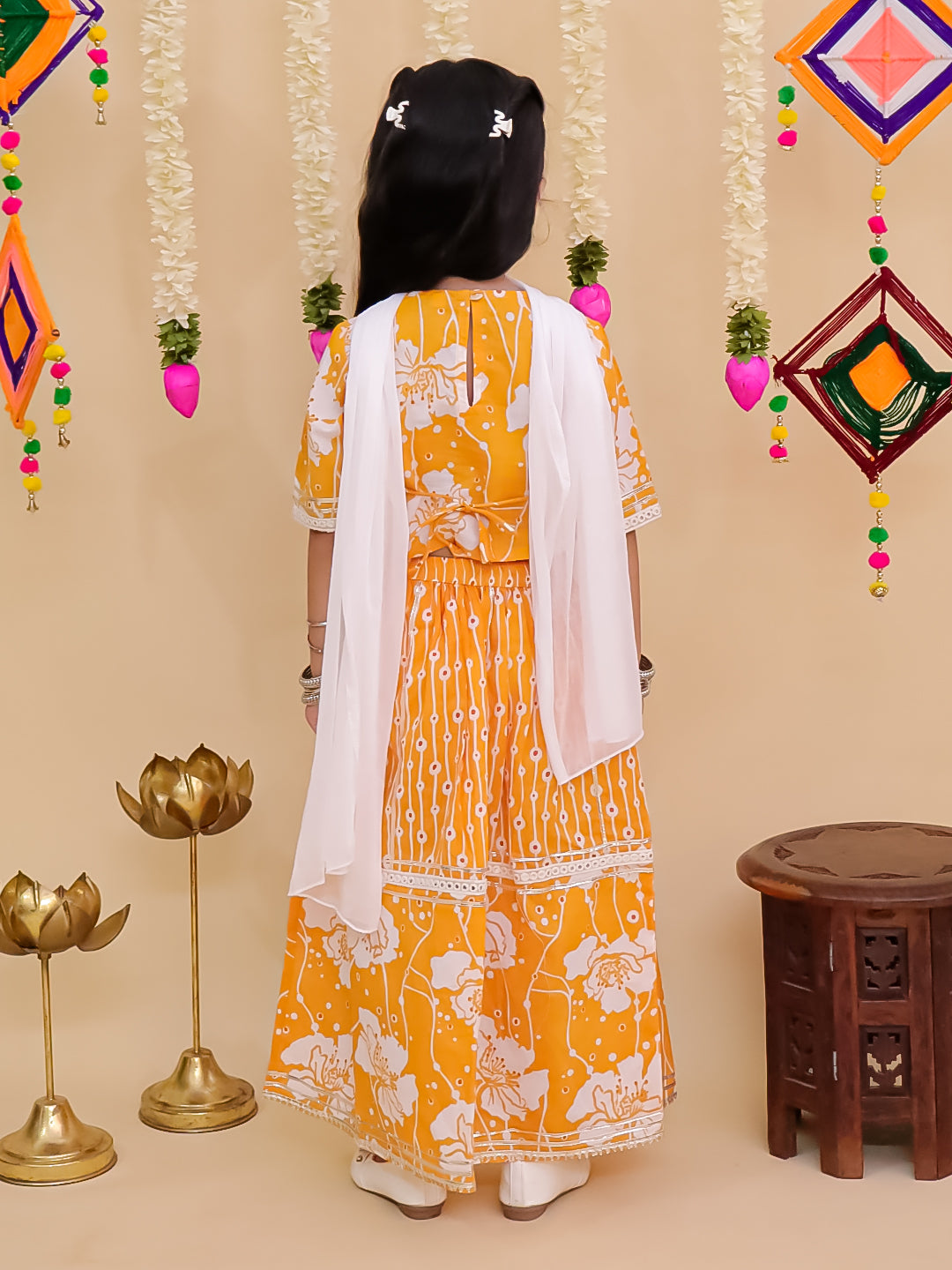 Girls Yellow Cotton Half-Sleeves Floral Printed Lehenga Choli - AJ Dezines