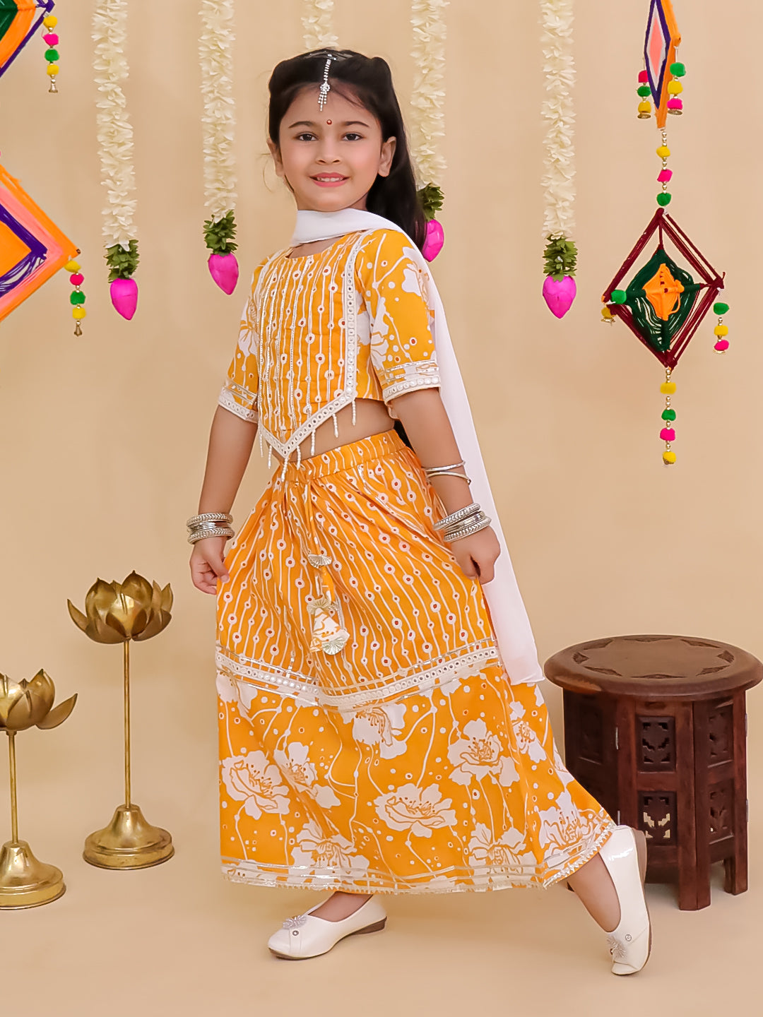 Girls Yellow Cotton Half-Sleeves Floral Printed Lehenga Choli - AJ Dezines