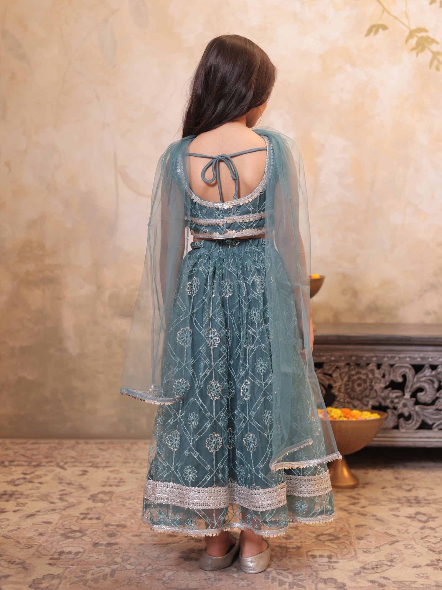 Girls Teal Net Sleeveless Heavy Embroidered Lehenga Choli