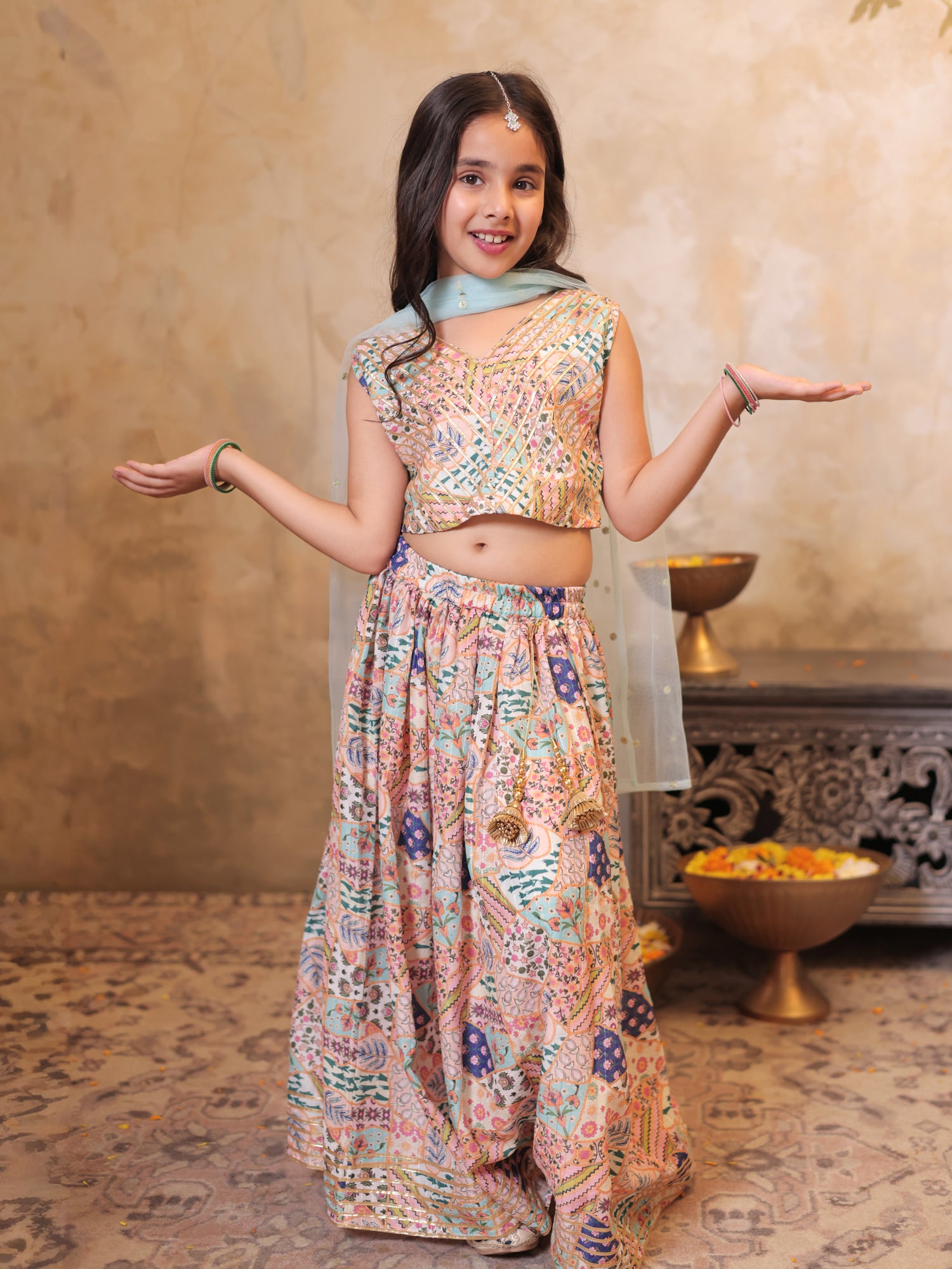 Girls Multi Color Cotton Blend Sleeveless Printed and Gotta Work Lehenga Choli
