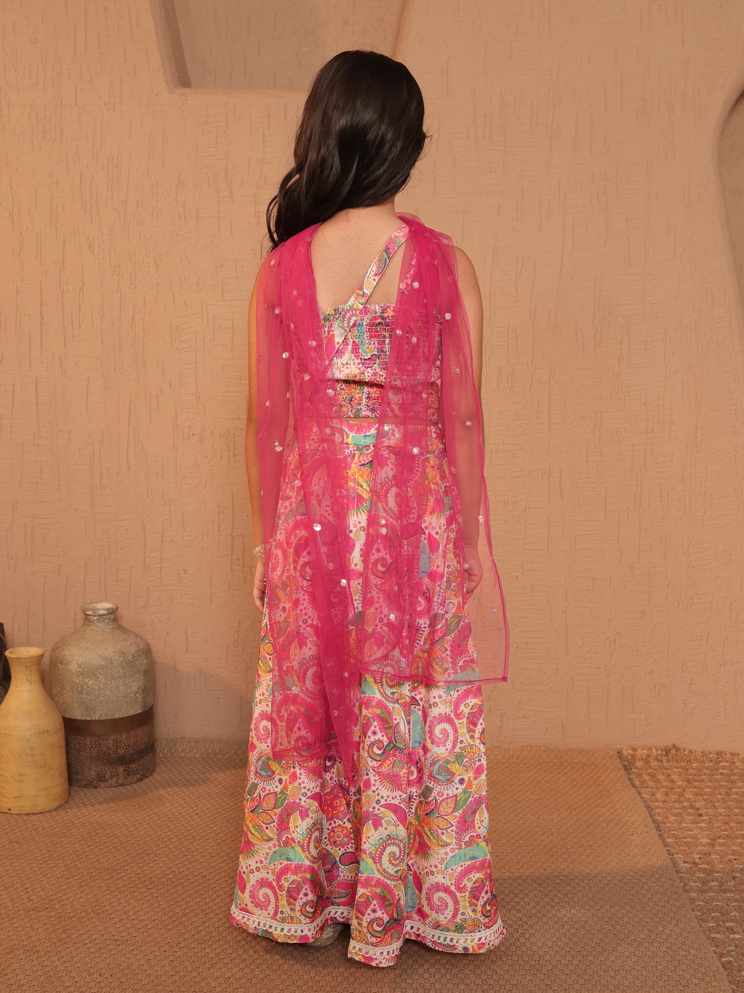 Pink Cotton Blend Sleeveless Printed and Gotta Work Lehenga Choli with Sling Bag