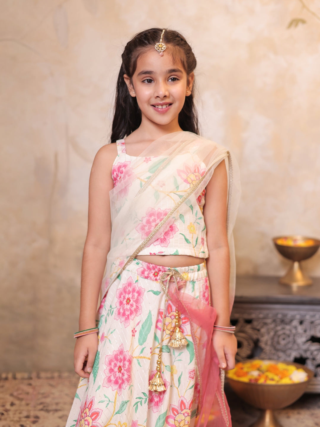 Girls Multi Color Cotton Blend Sleeveless Printed and Gotta Work Lehenga Choli