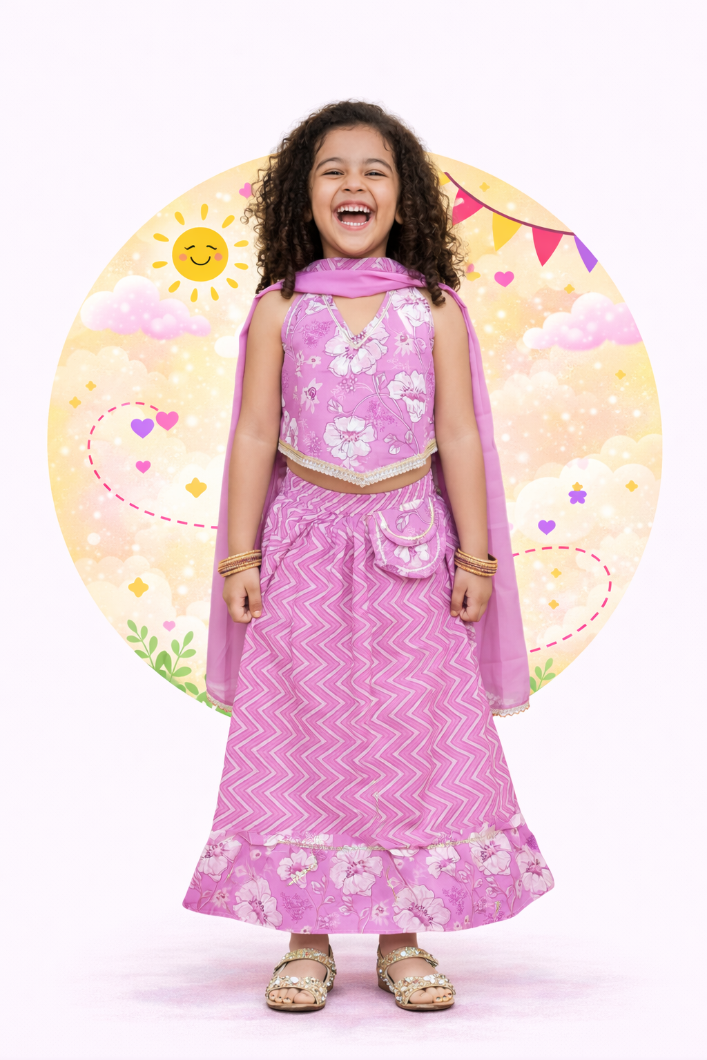 Purple Cotton Sleeveless Floral Printed Lehenga Choli for Girls - AJ Dezines