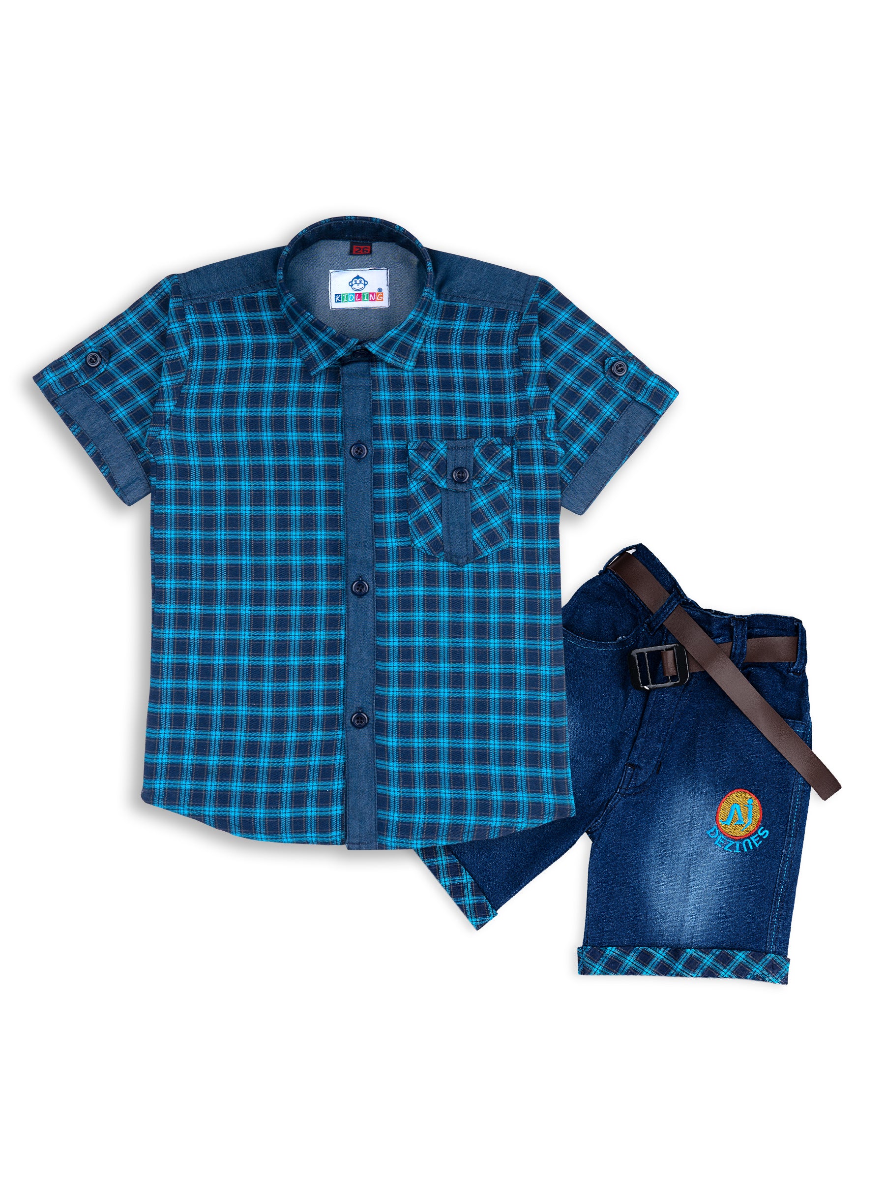 Kids Boys Turquoise Blue Checkered Cotton Blend Top & Bottom Set - AJ Dezines