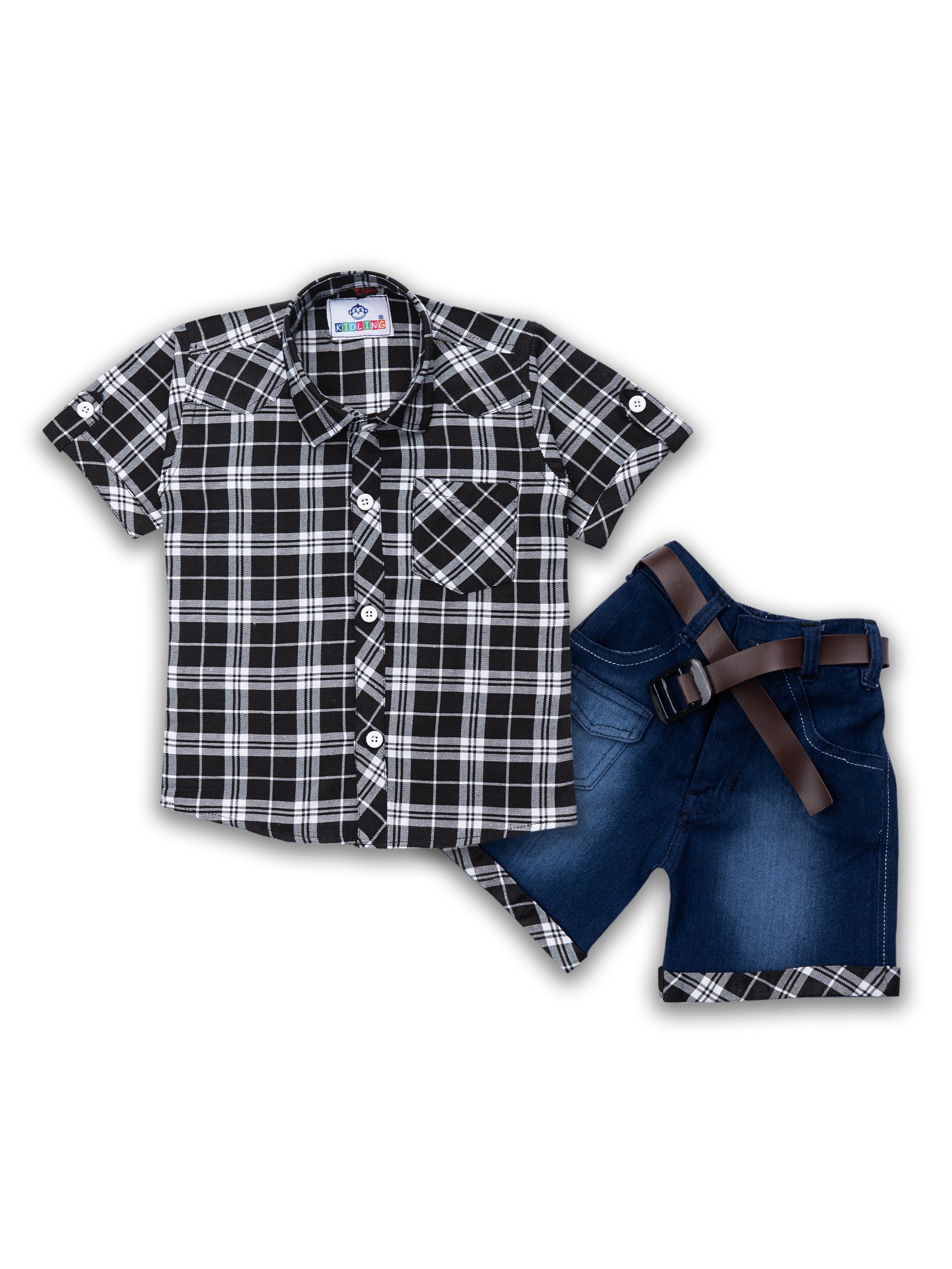 Kids Boys Black Checkered Cotton Blend Top & Bottom Set - AJ Dezines