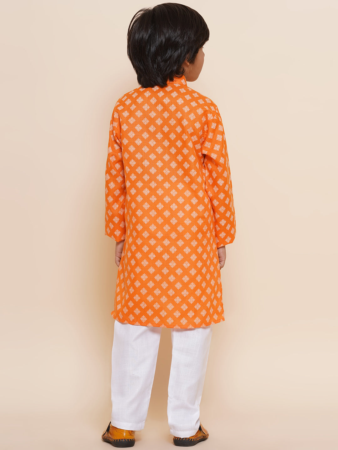 Kids Boys Orange Printed Cotton Kurta Pyjama Set - AJ Dezines