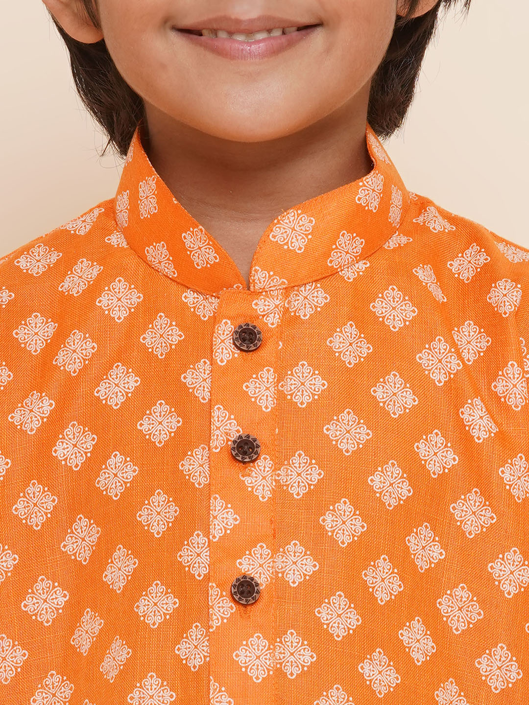 Kids Boys Orange Printed Cotton Kurta Pyjama Set - AJ Dezines