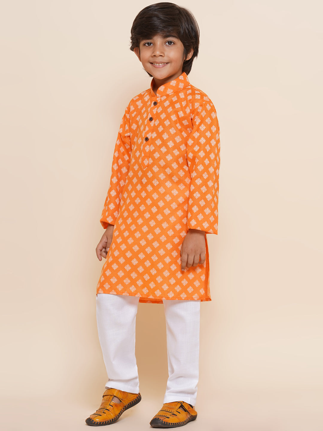 Kids Boys Orange Printed Cotton Kurta Pyjama Set - AJ Dezines