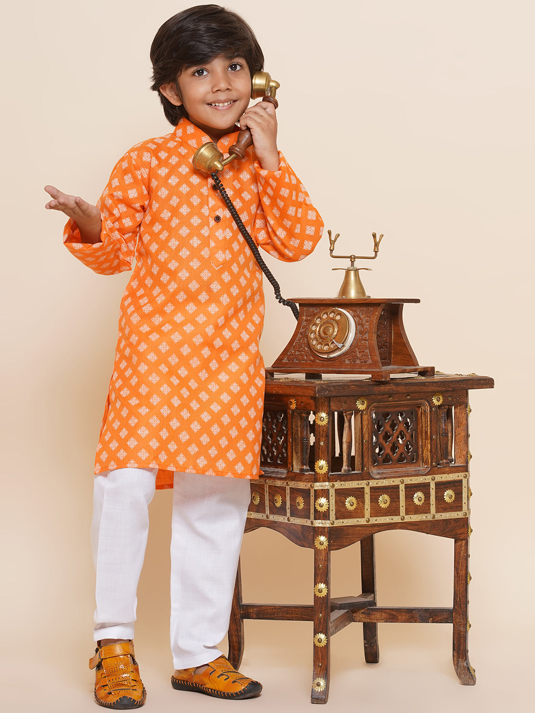 Kids Boys Orange Printed Cotton Kurta Pyjama Set - AJ Dezines