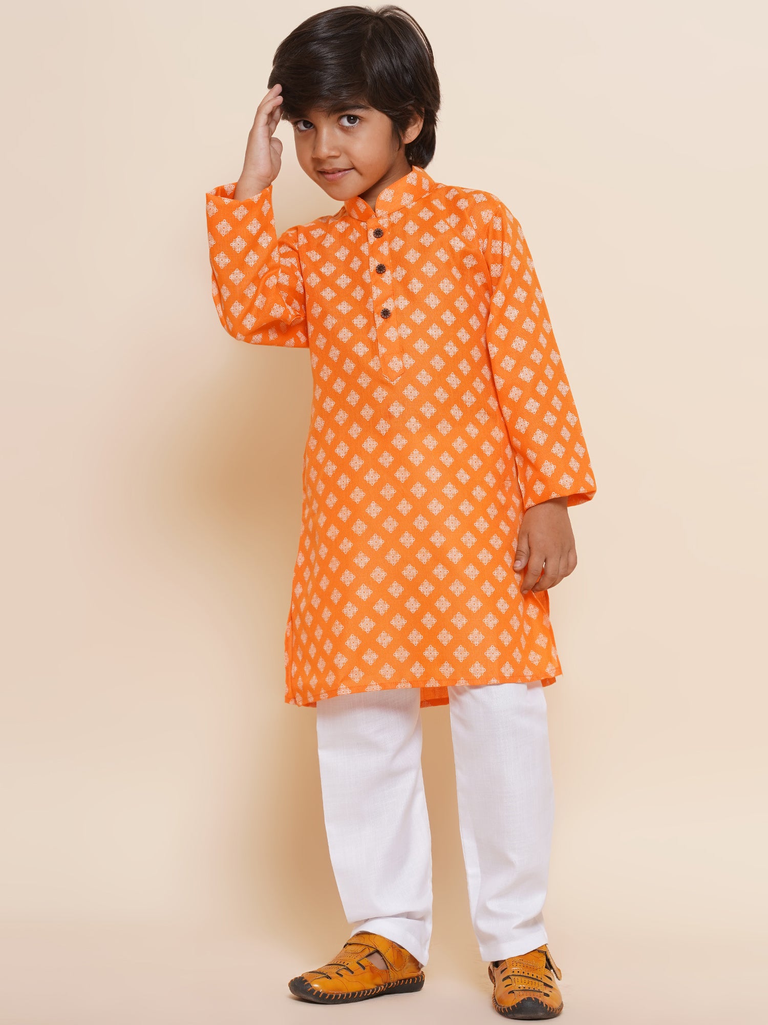 Kids Boys Orange Printed Cotton Kurta Pyjama Set - AJ Dezines