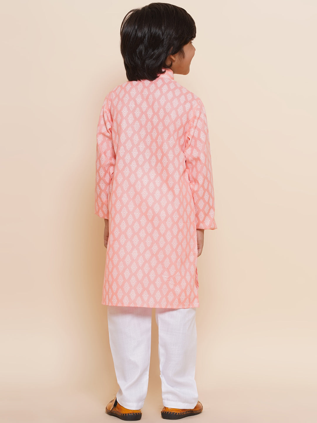 Kids Boys Pink Printed Cotton Kurta Pyjama Set - AJ Dezines