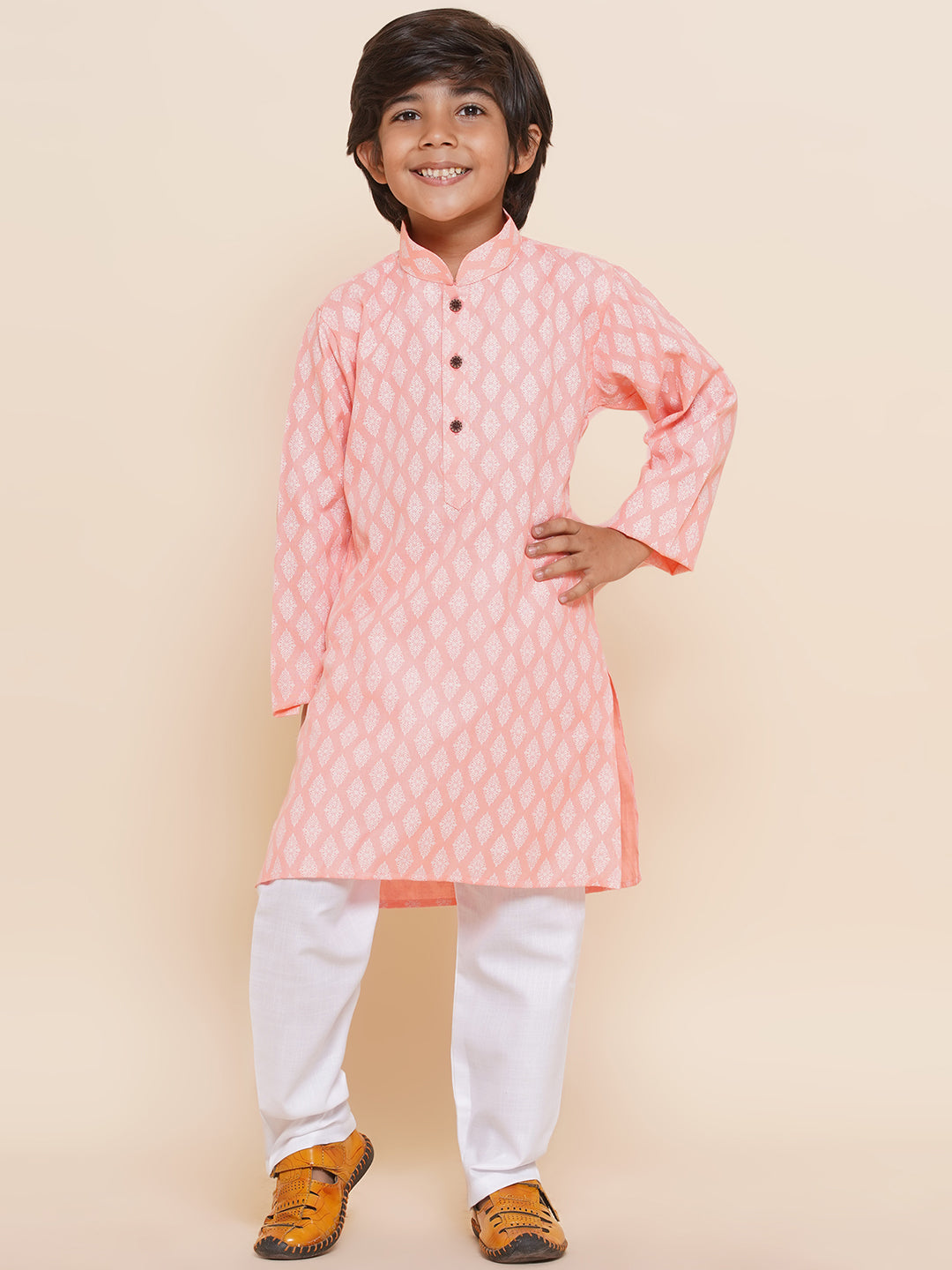 Kids Boys Pink Printed Cotton Kurta Pyjama Set - AJ Dezines