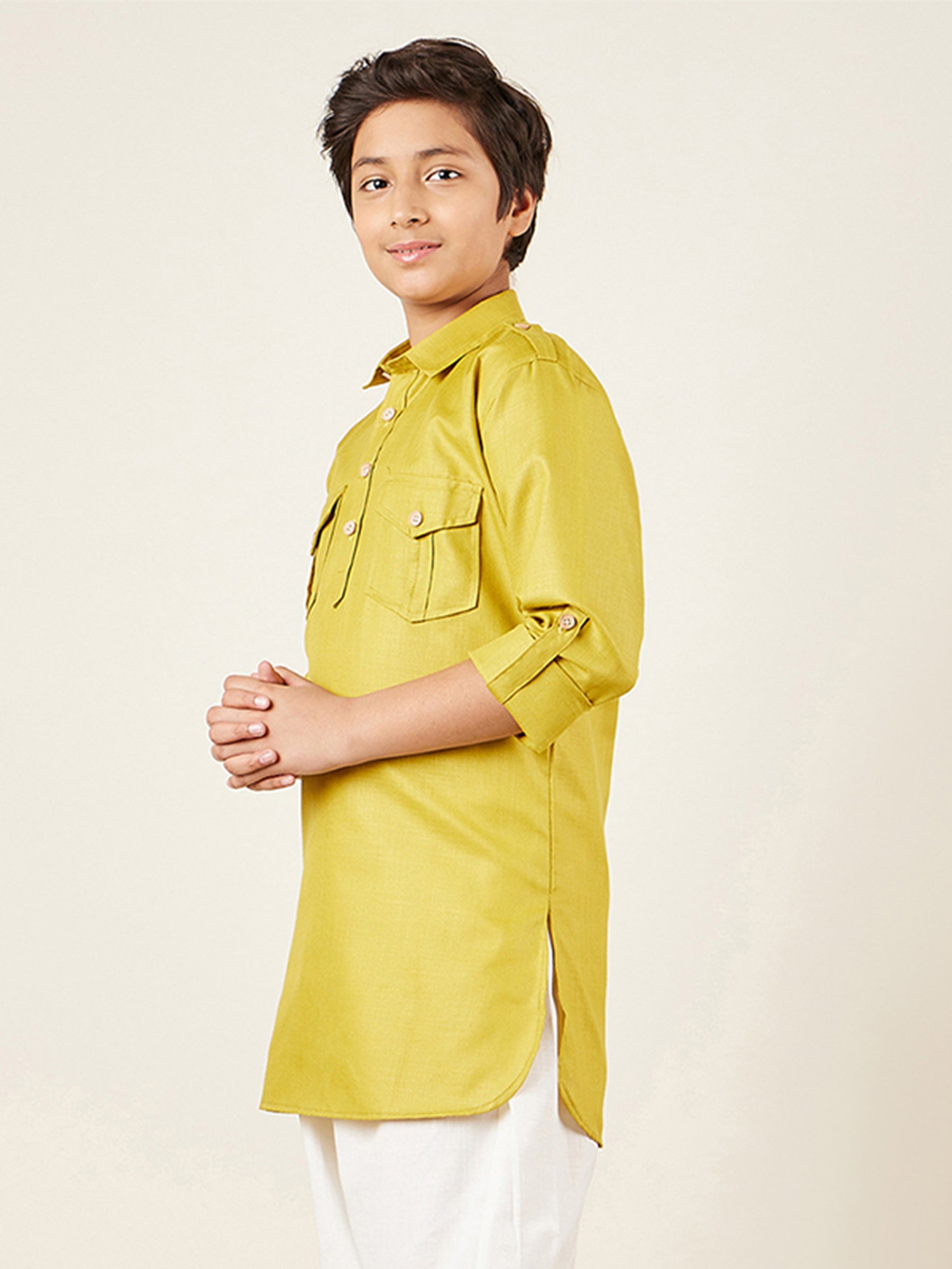 Kids Boys Green Solid Cotton Kurta - AJ Dezines