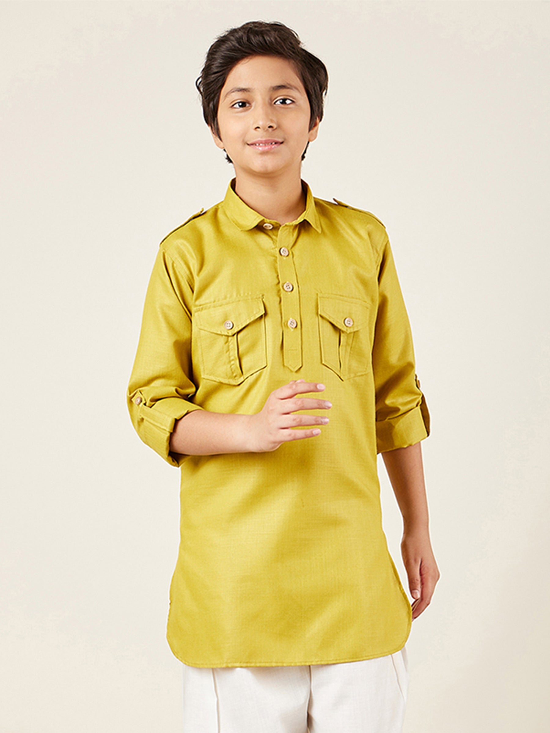 Kids Boys Green Solid Cotton Kurta - AJ Dezines