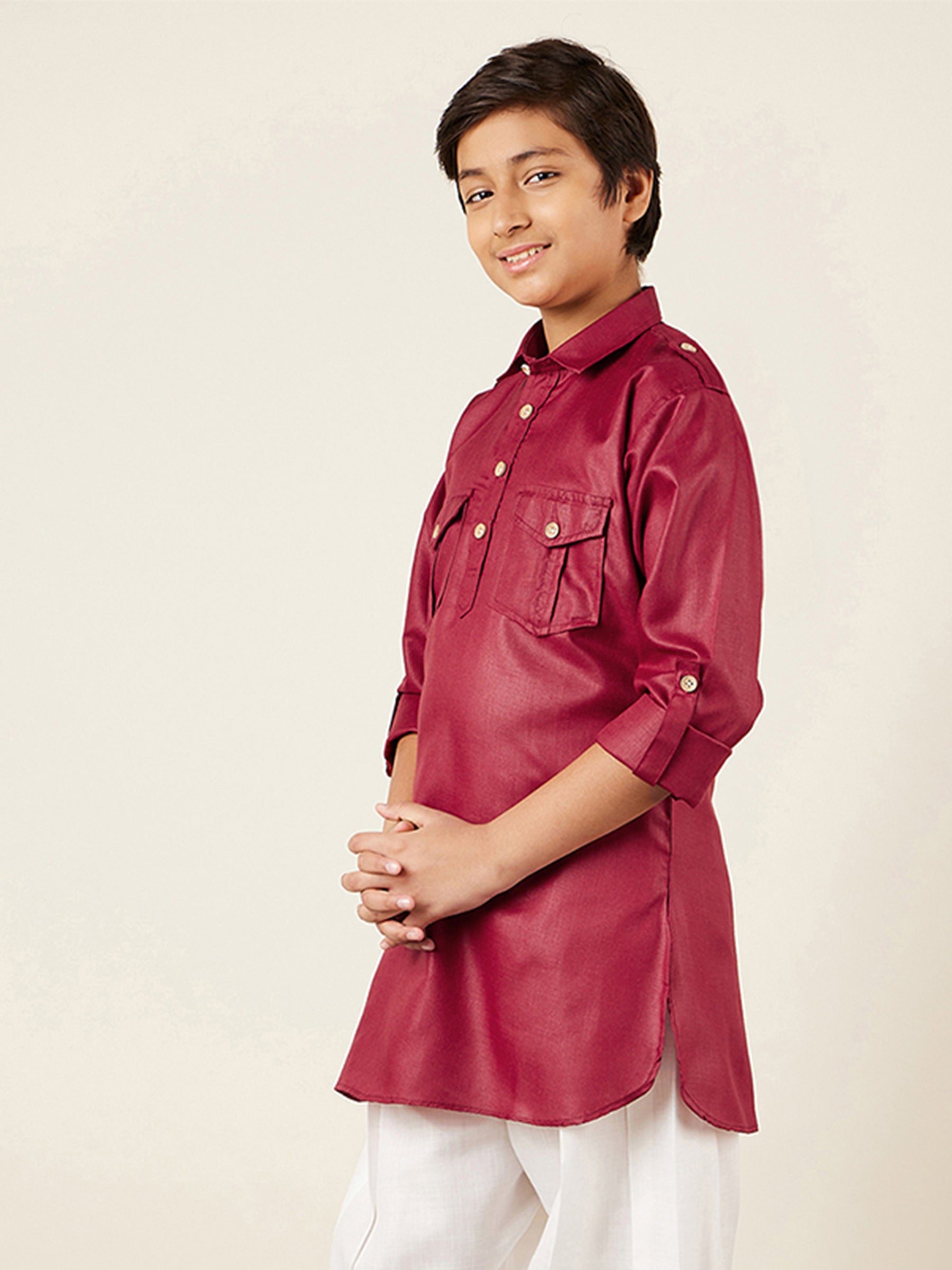 Kids Boys Maroon Solid Cotton Kurta - AJ Dezines