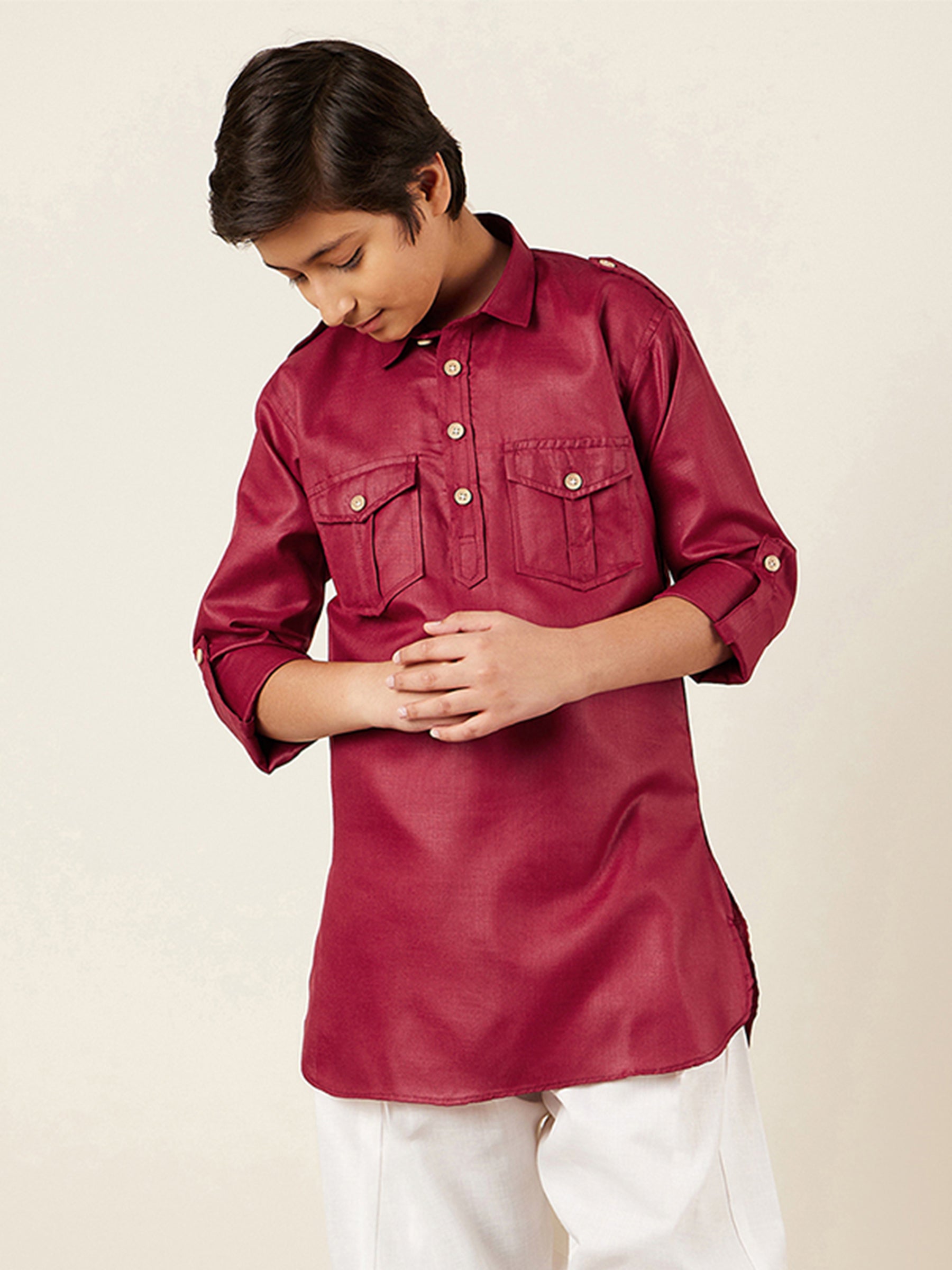 Kids Boys Maroon Solid Cotton Kurta - AJ Dezines