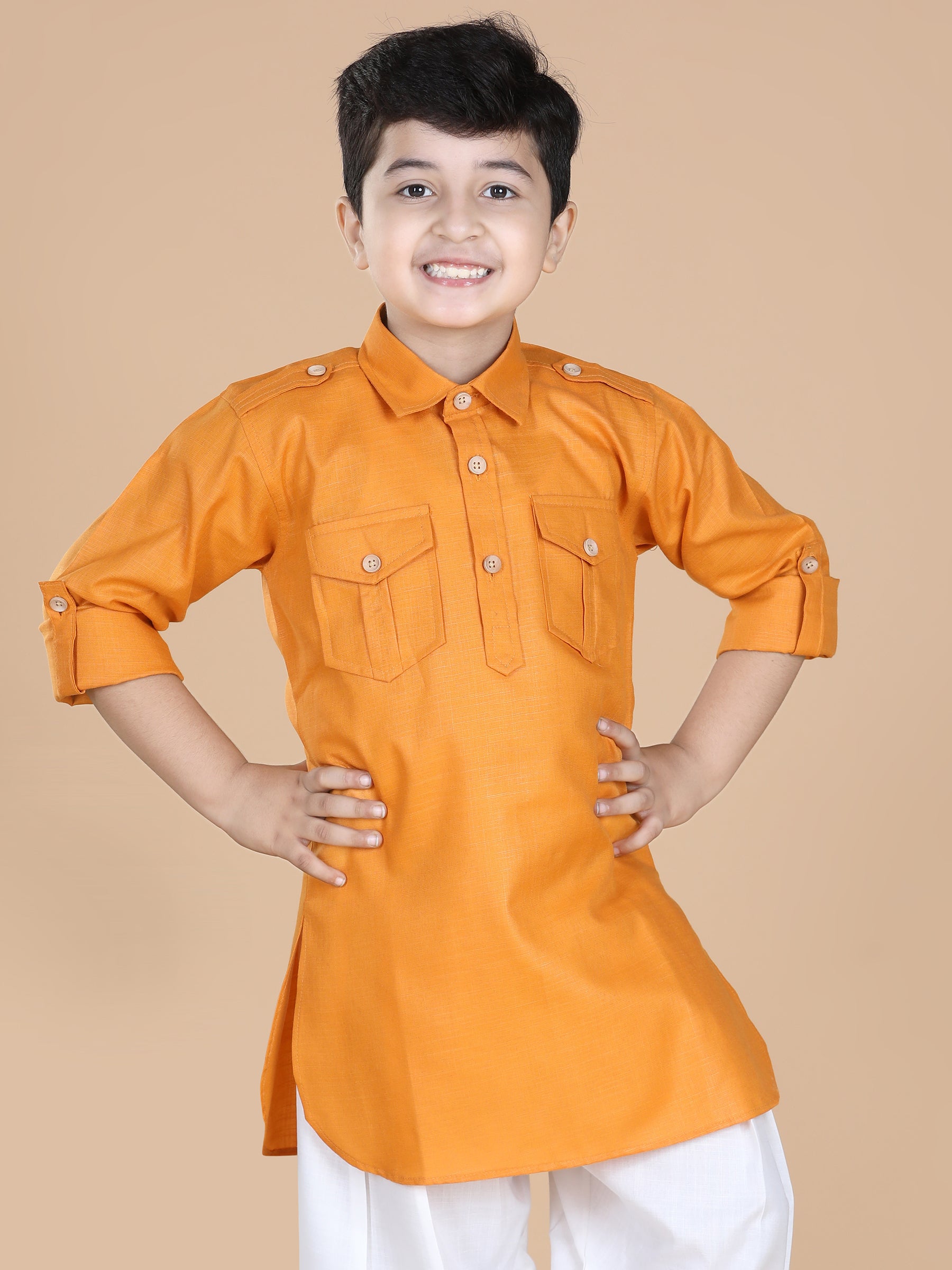 Kids Boys Orange Solid Cotton Kurta - AJ Dezines