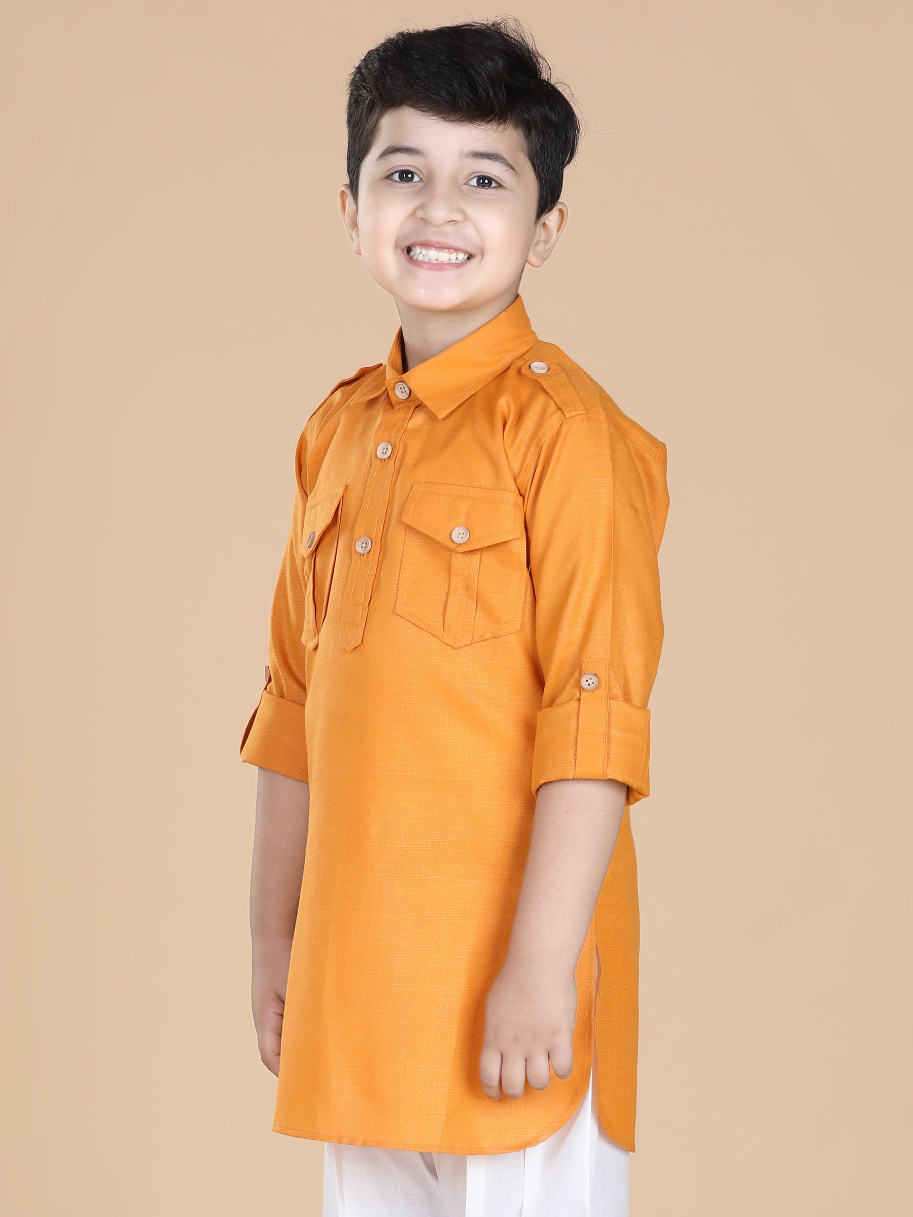 Kids Boys Orange Solid Cotton Kurta - AJ Dezines