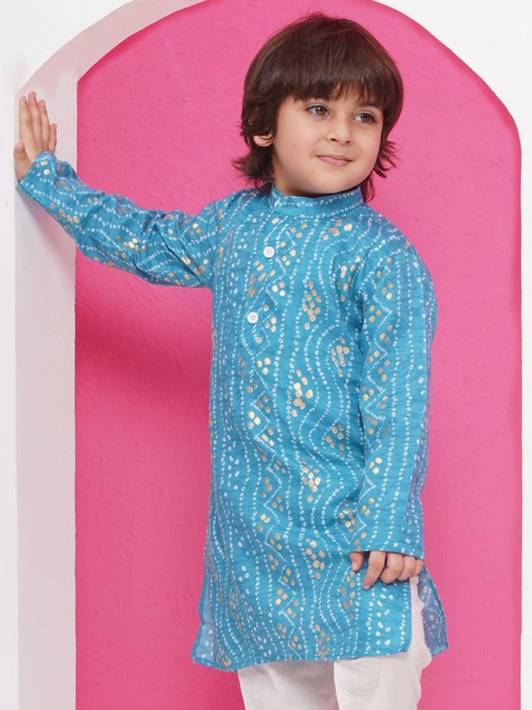 Kids Blue Cotton Bandhani Kurta For Boys