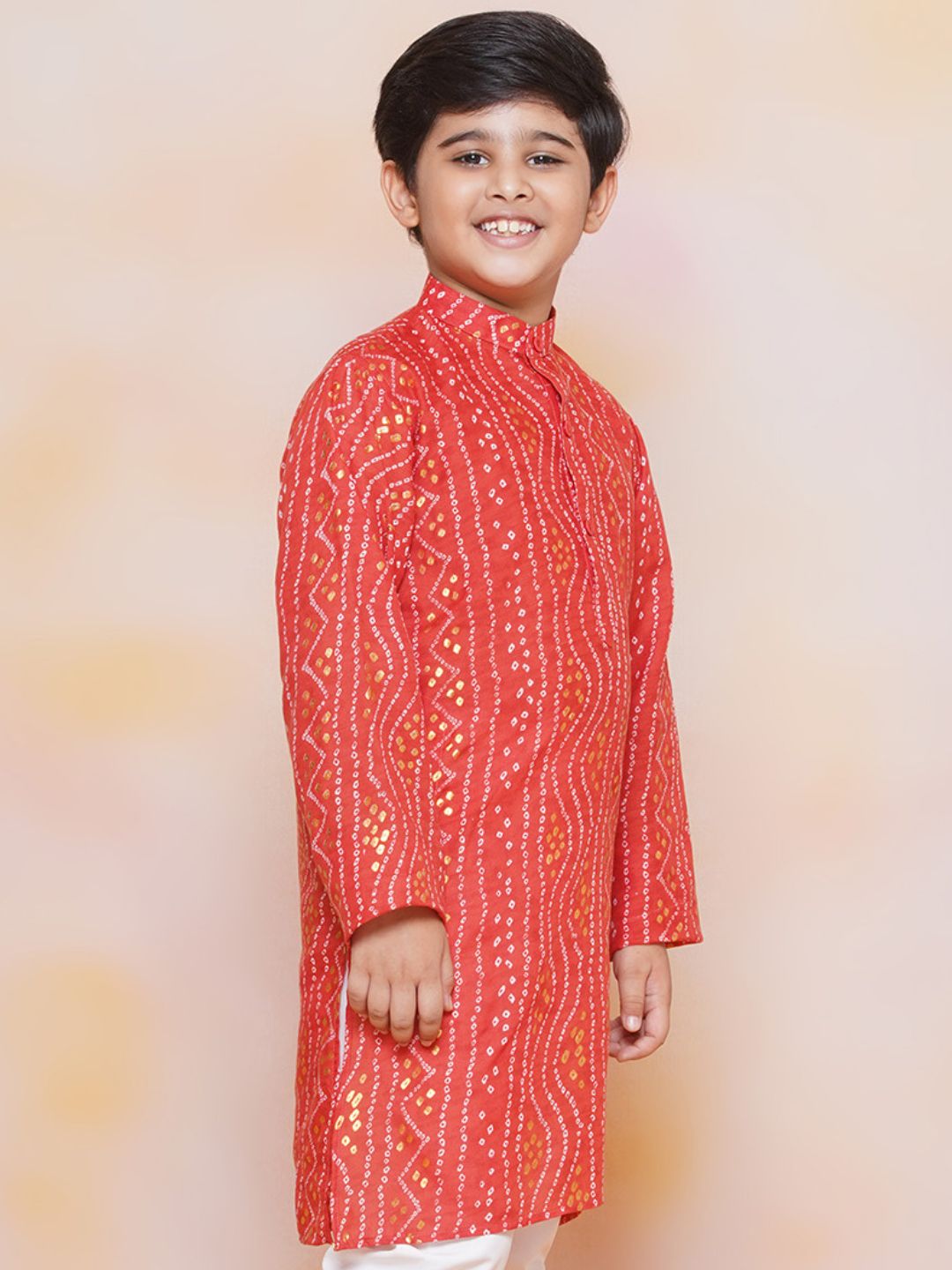 Kids Maroon Cotton Bandhani Kurta Set For Boys