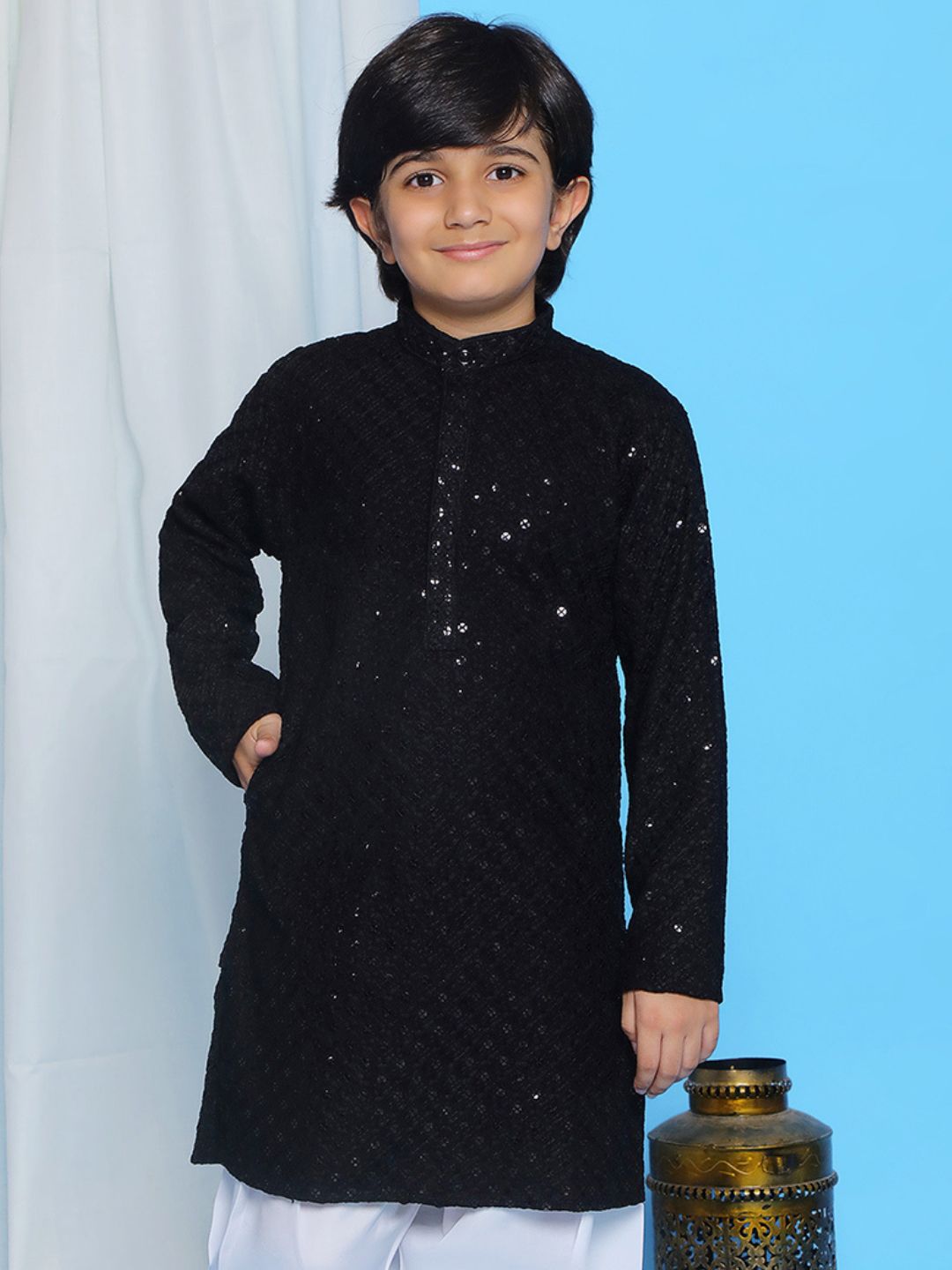 Black Schiffli Full Sleeves Embroidered Kurta For Boys - AJ Dezines