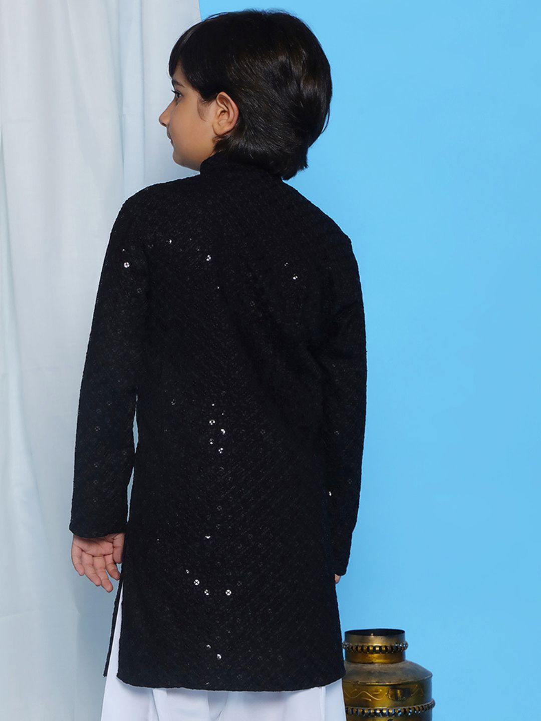 Black Schiffli Full Sleeves Embroidered Kurta For Boys - AJ Dezines