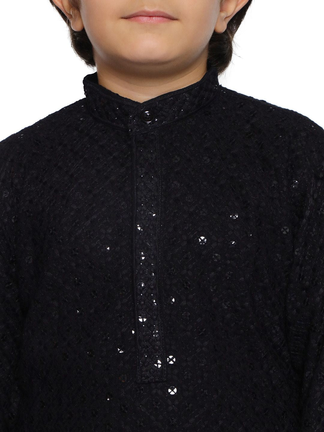 Black Schiffli Full Sleeves Embroidered Kurta For Boys - AJ Dezines