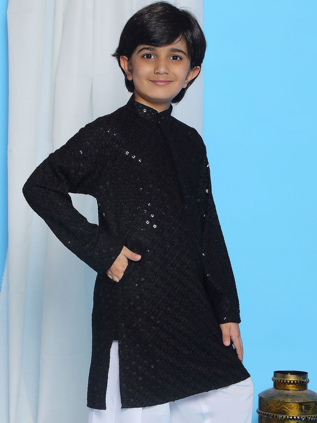 Black Schiffli Full Sleeves Embroidered Kurta For Boys - AJ Dezines