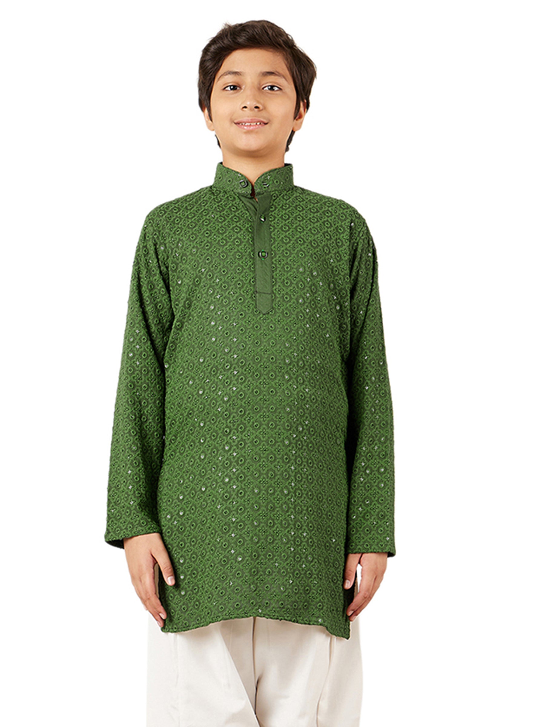 Kids Green Cotton Sequined Chikankari Kurta For Boys