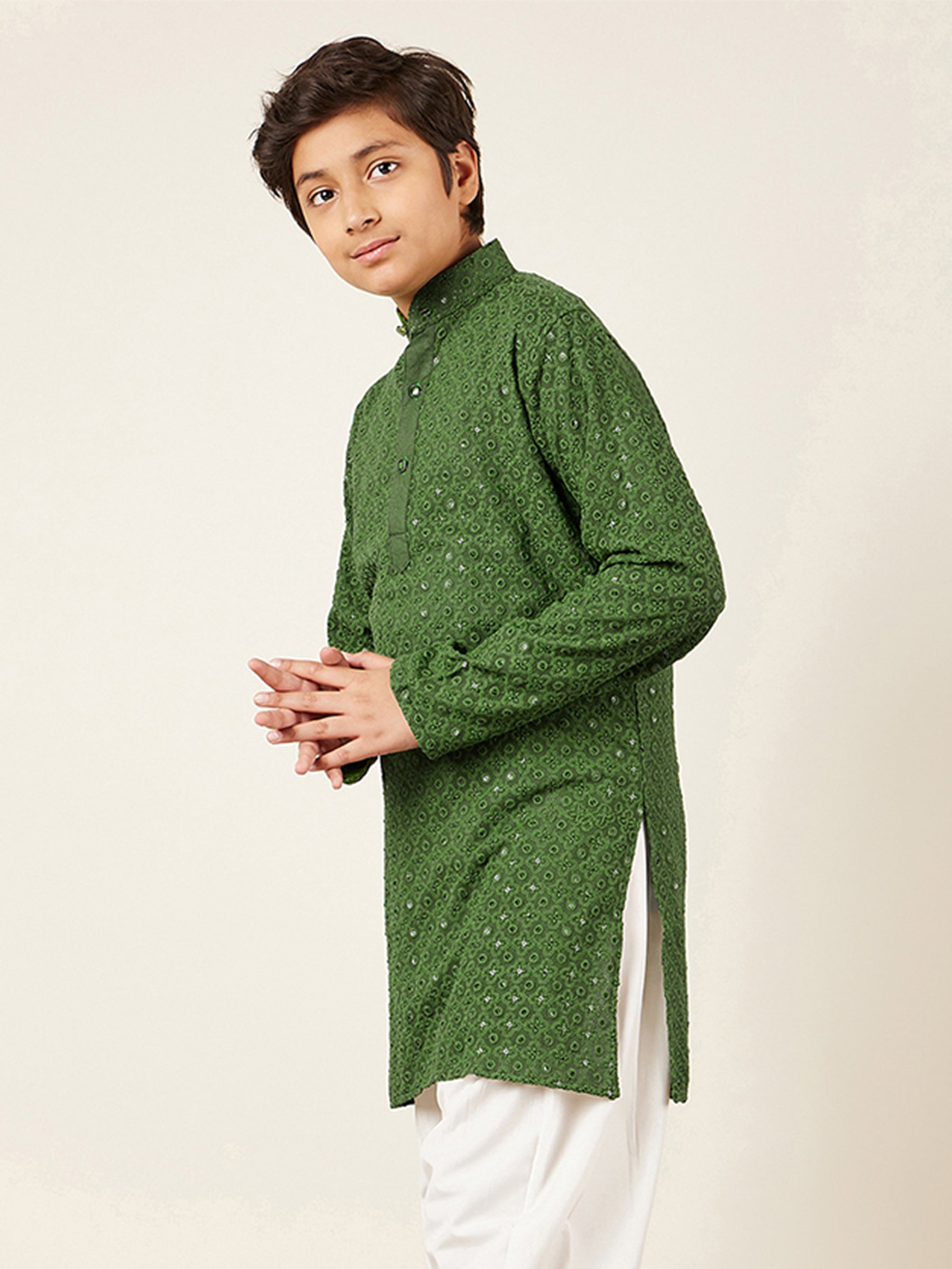 Kids Green Cotton Sequined Chikankari Kurta For Boys