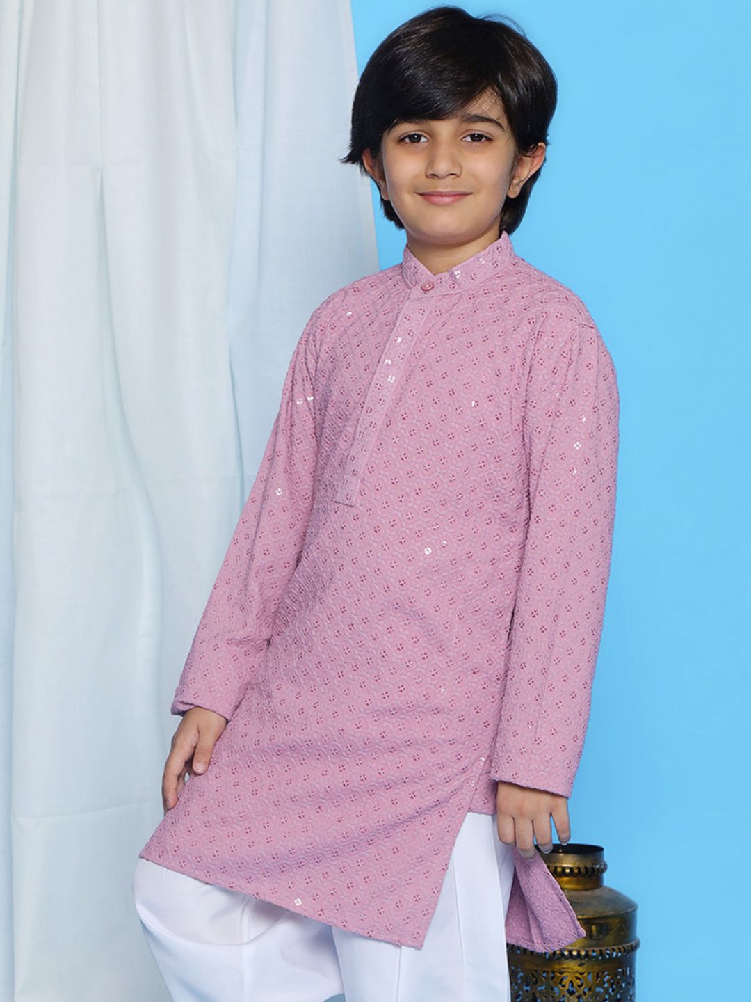 LAVENDER Schiffli Full sleeves Embroidered Kurta for Boys - AJ Dezines