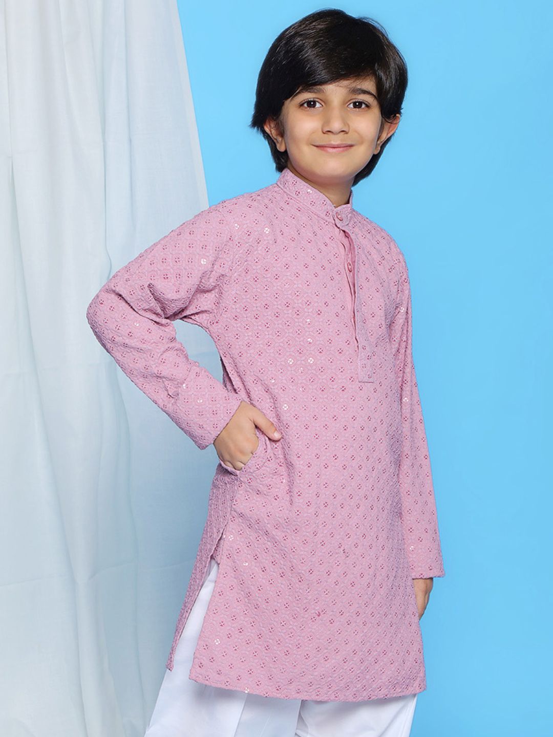 LAVENDER Schiffli Full sleeves Embroidered Kurta for Boys - AJ Dezines