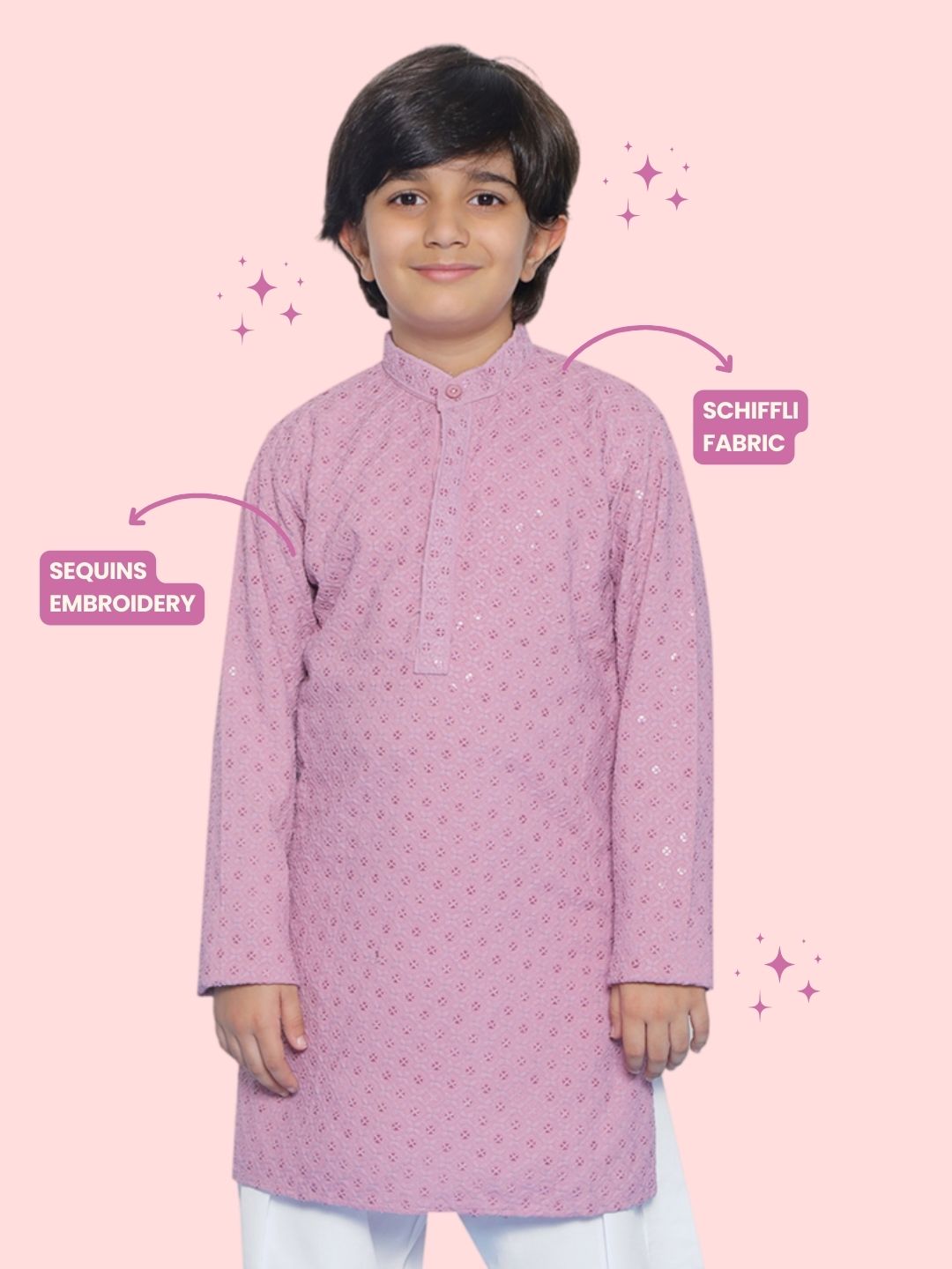 LAVENDER Schiffli Full sleeves Embroidered Kurta for Boys - AJ Dezines