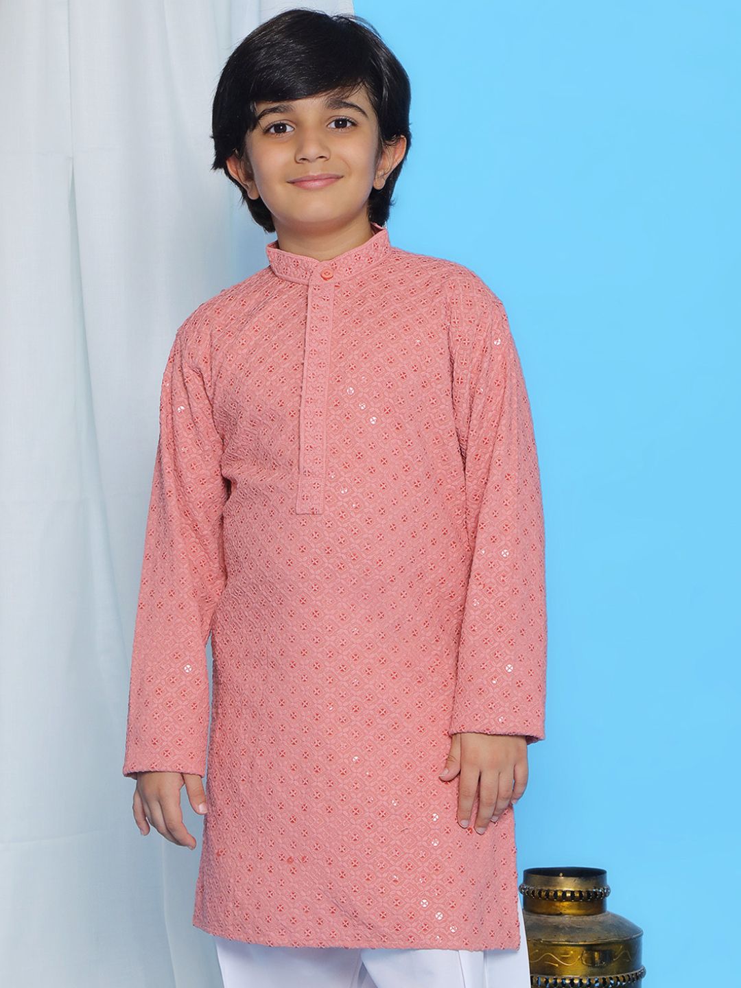 PEACH Schiffli Full sleeves Embroidered Kurta for Boys - AJ Dezines
