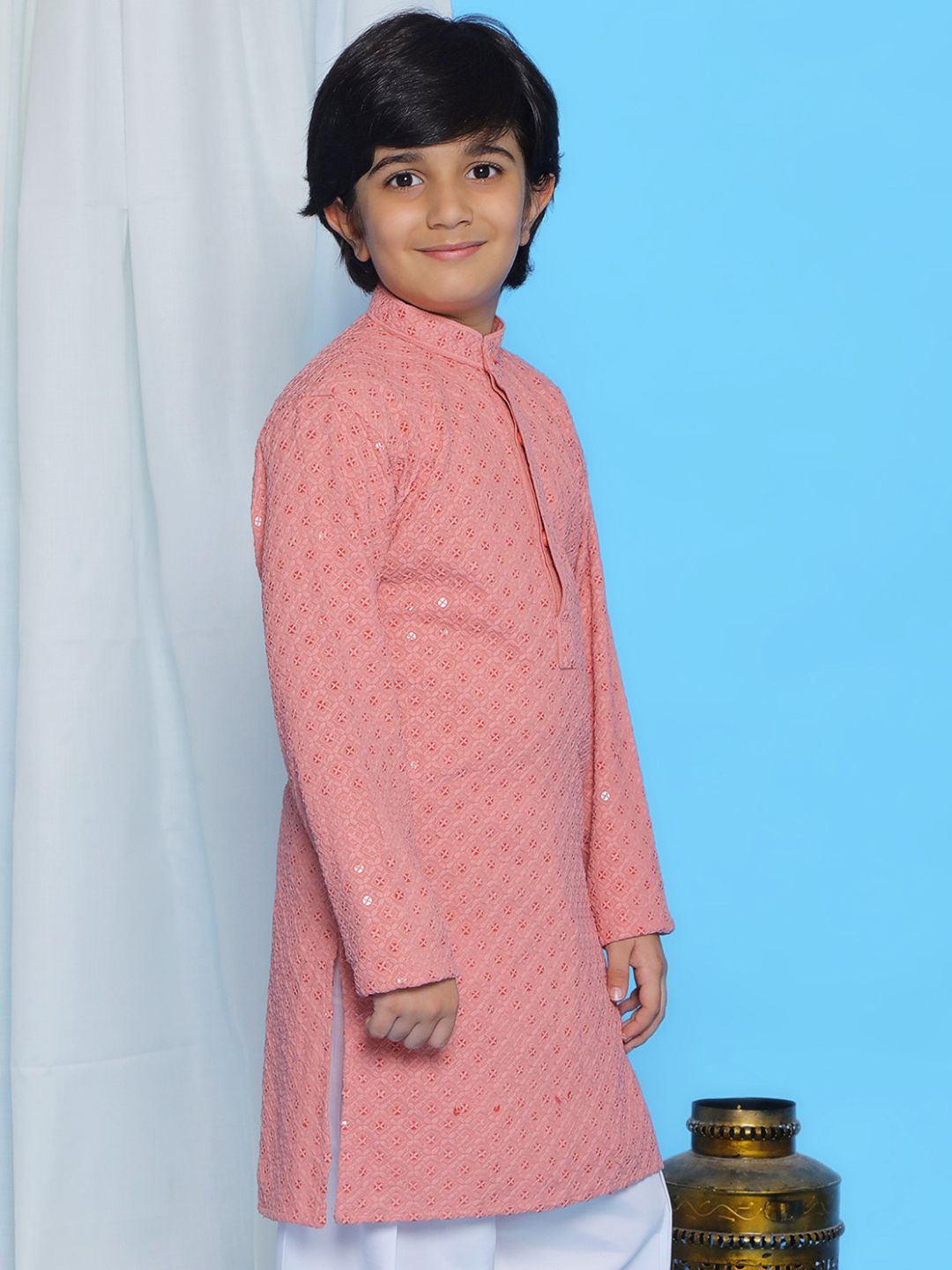 PEACH Schiffli Full sleeves Embroidered Kurta for Boys - AJ Dezines