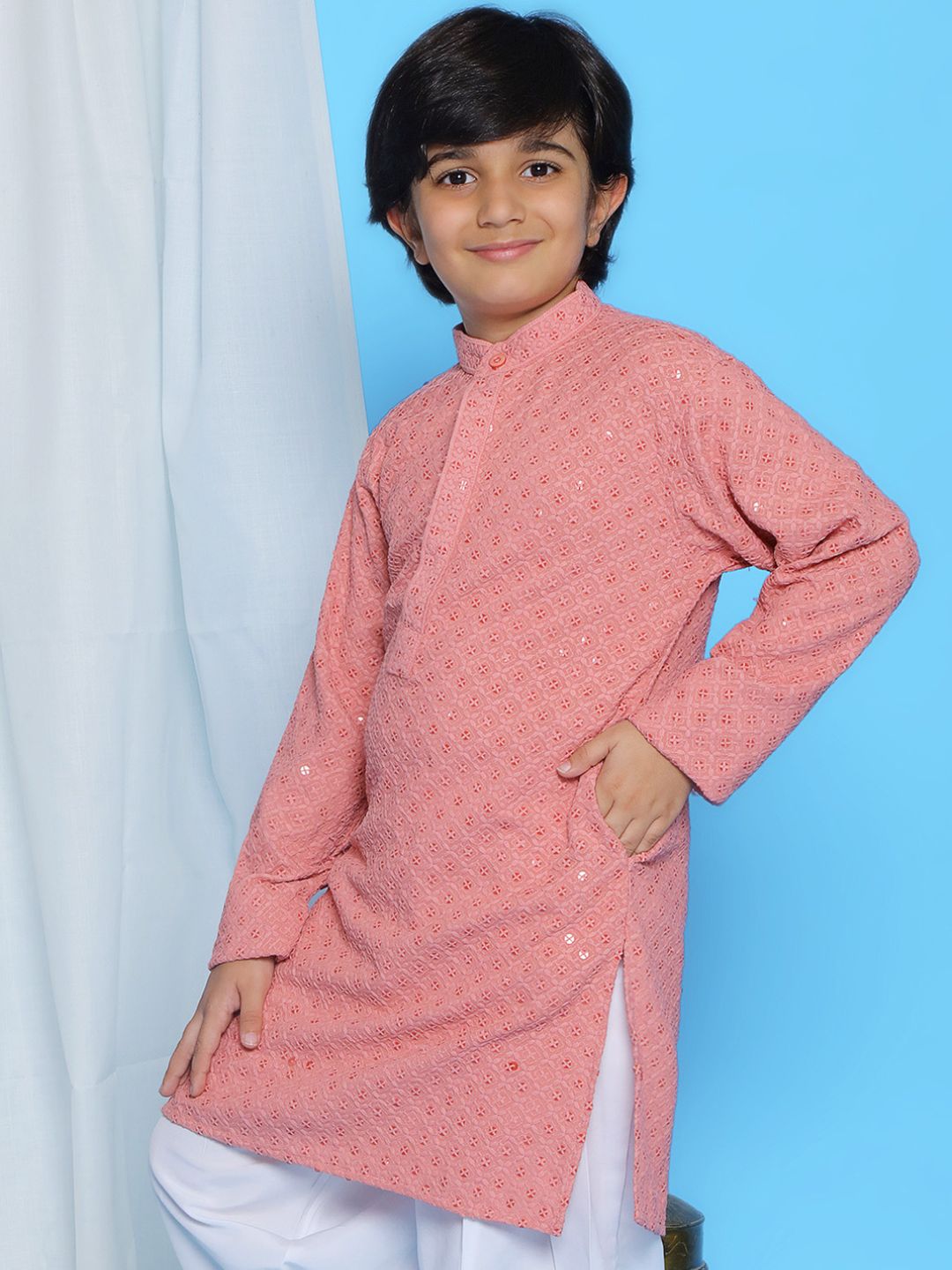 PEACH Schiffli Full sleeves Embroidered Kurta for Boys - AJ Dezines