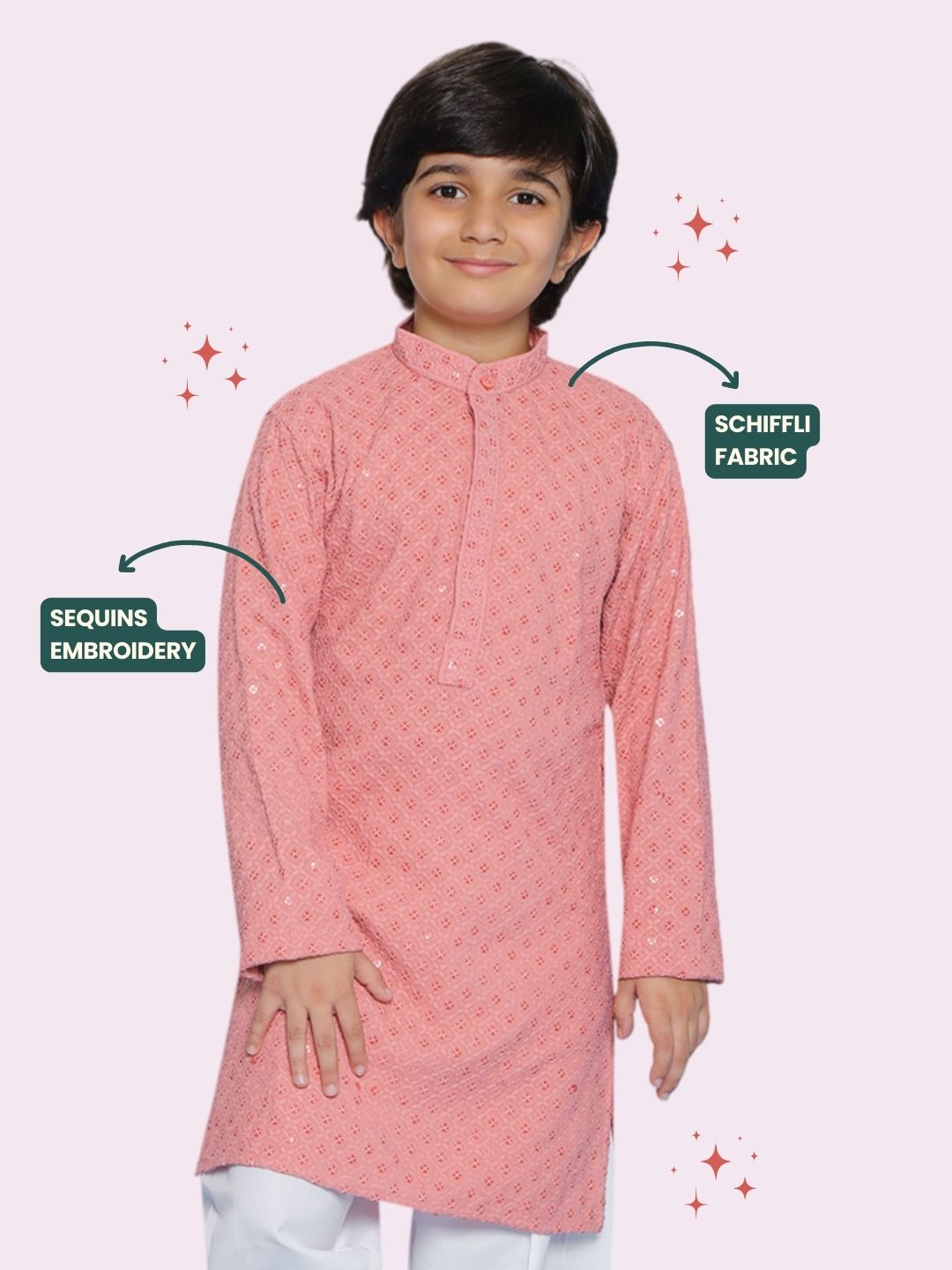 PEACH Schiffli Full sleeves Embroidered Kurta for Boys - AJ Dezines