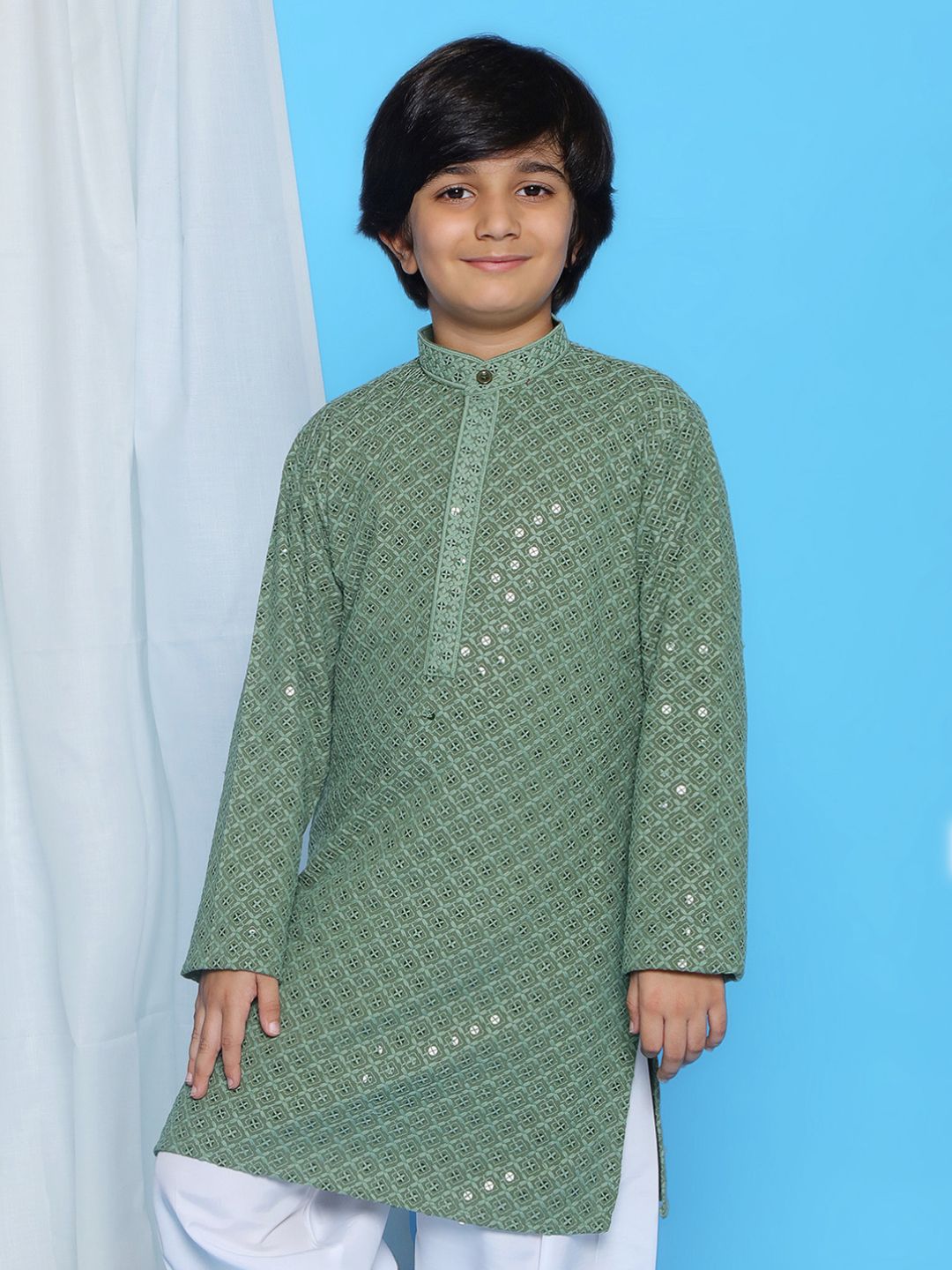 Pista Schiffli Full Sleeves Embroidered Kurta For Boys - AJ Dezines
