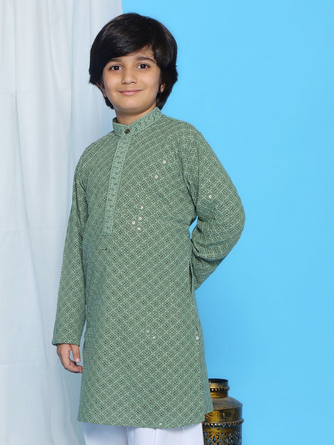 Pista Schiffli Full Sleeves Embroidered Kurta For Boys - AJ Dezines