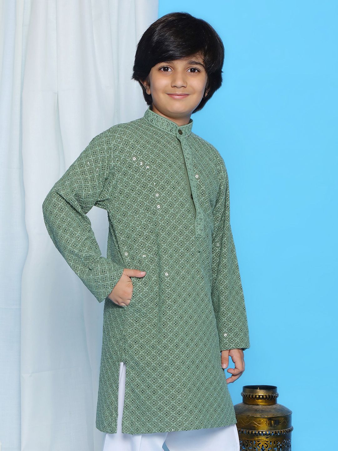 Pista Schiffli Full Sleeves Embroidered Kurta For Boys - AJ Dezines