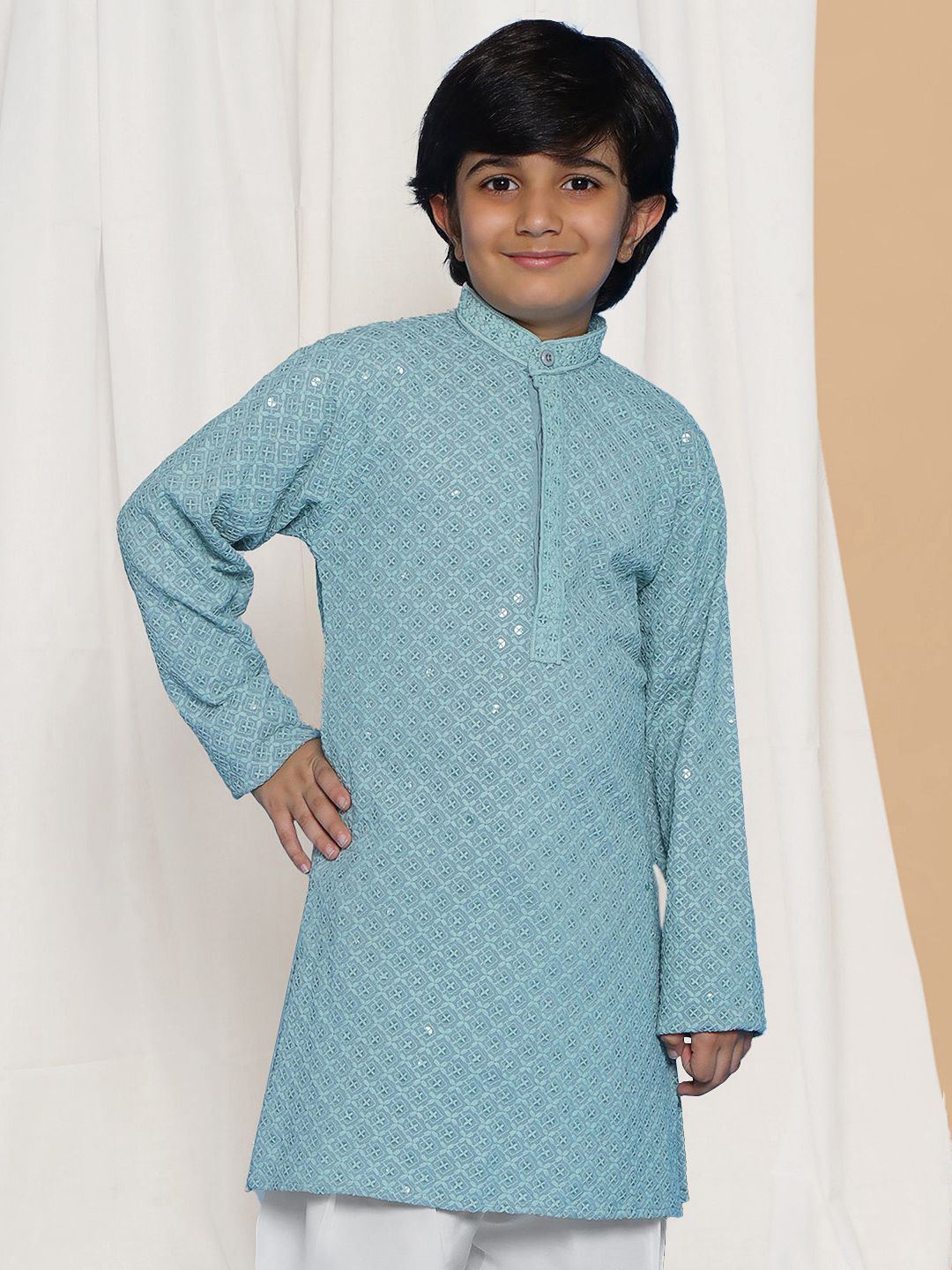 POWDER BLUE Schiffli Full sleeves Embroidered Kurta for Boys - AJ Dezines