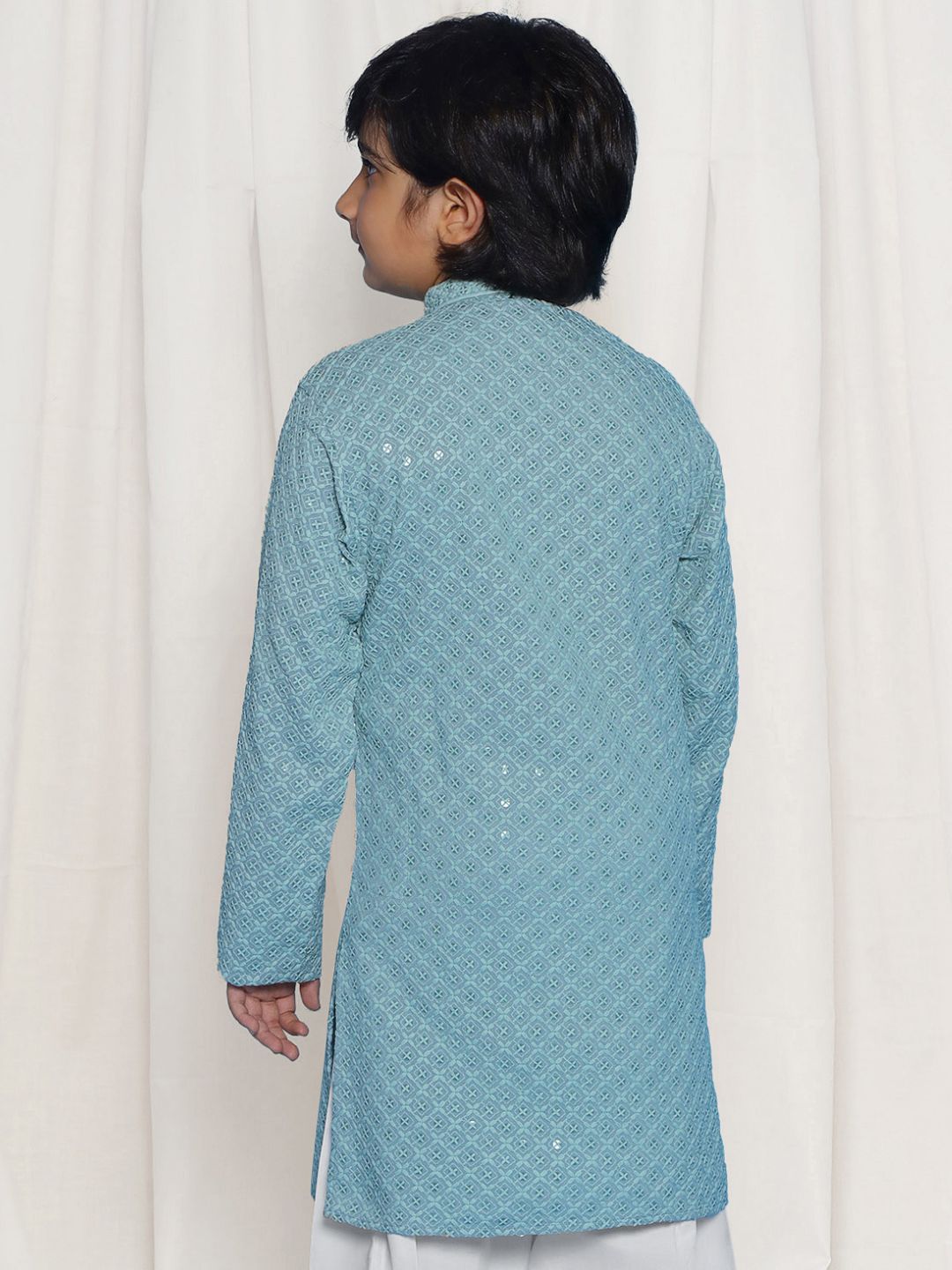 POWDER BLUE Schiffli Full sleeves Embroidered Kurta for Boys - AJ Dezines