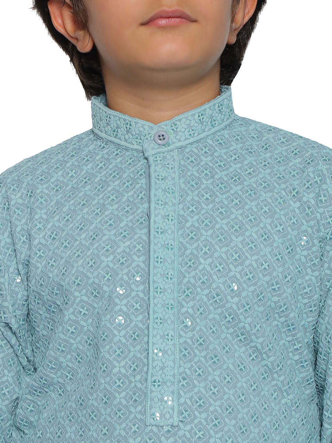 POWDER BLUE Schiffli Full sleeves Embroidered Kurta for Boys - AJ Dezines