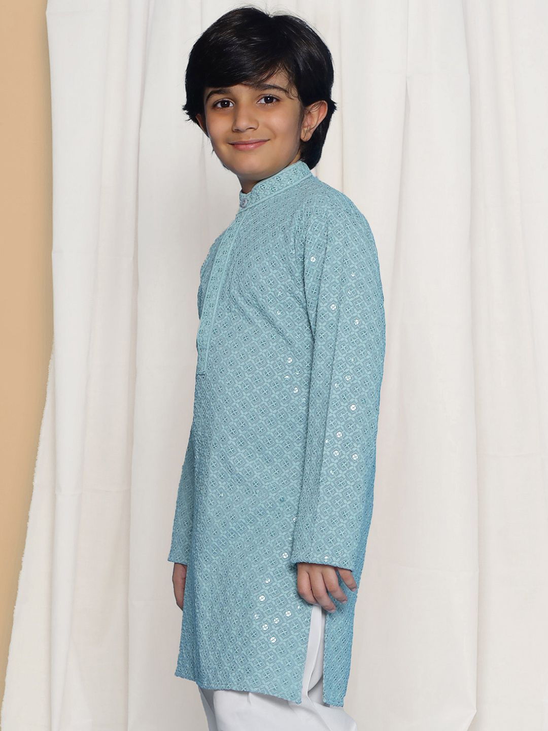 POWDER BLUE Schiffli Full sleeves Embroidered Kurta for Boys - AJ Dezines