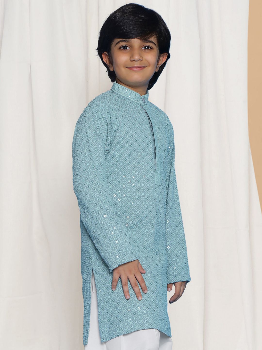 POWDER BLUE Schiffli Full sleeves Embroidered Kurta for Boys - AJ Dezines