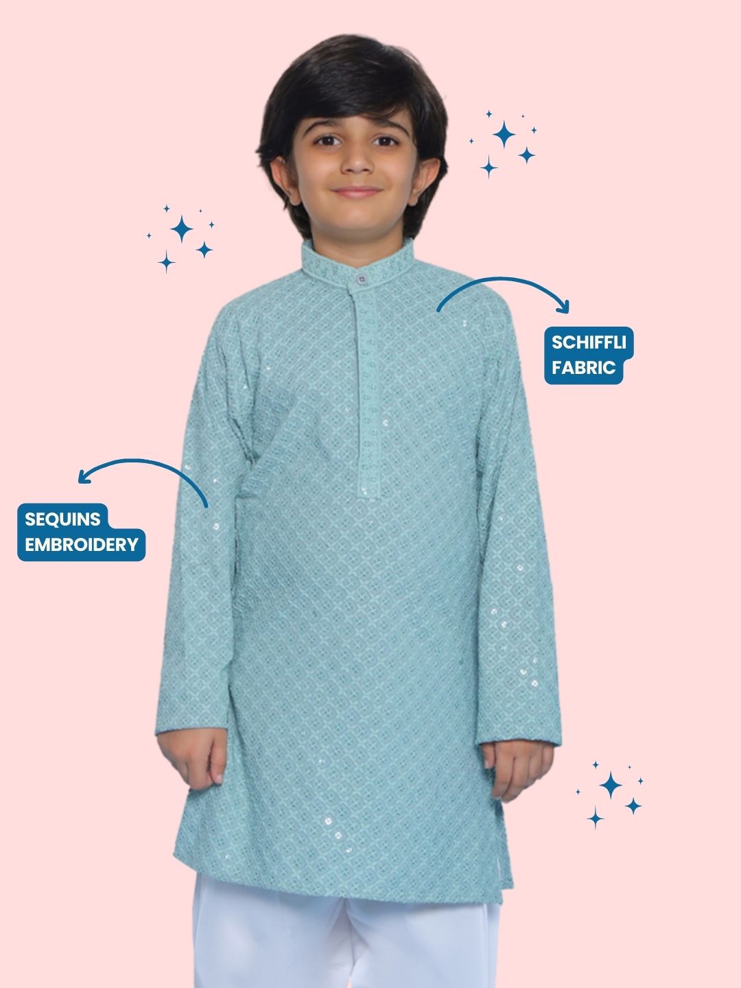 POWDER BLUE Schiffli Full sleeves Embroidered Kurta for Boys - AJ Dezines