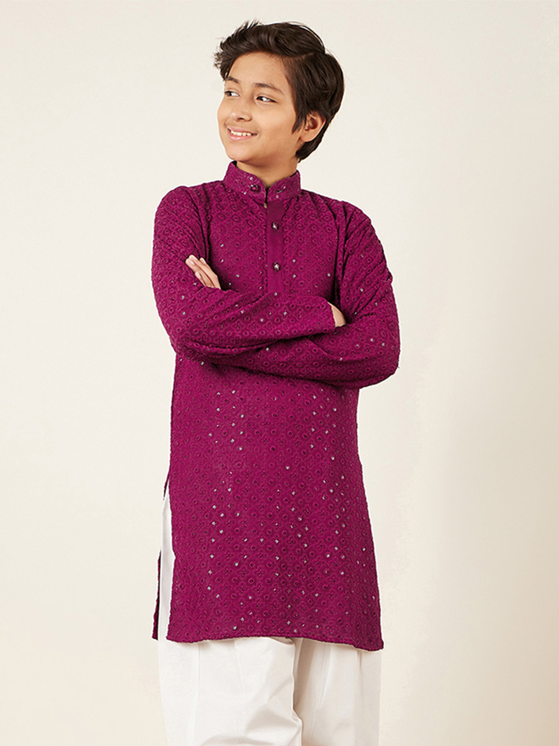 Kids Purple Cotton Sequined Chikankari Kurta For Boys