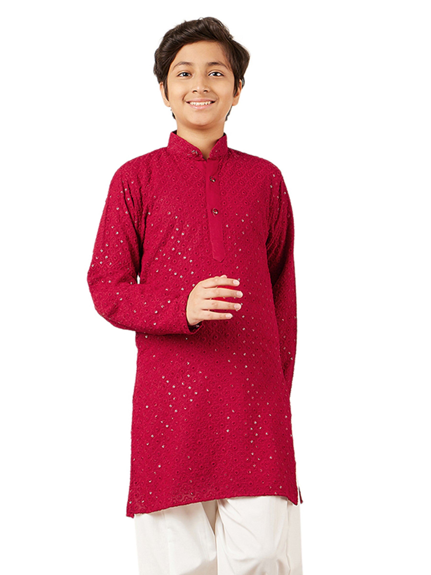 Kids Red Cotton Sequined Chikankari Kurta For Boys