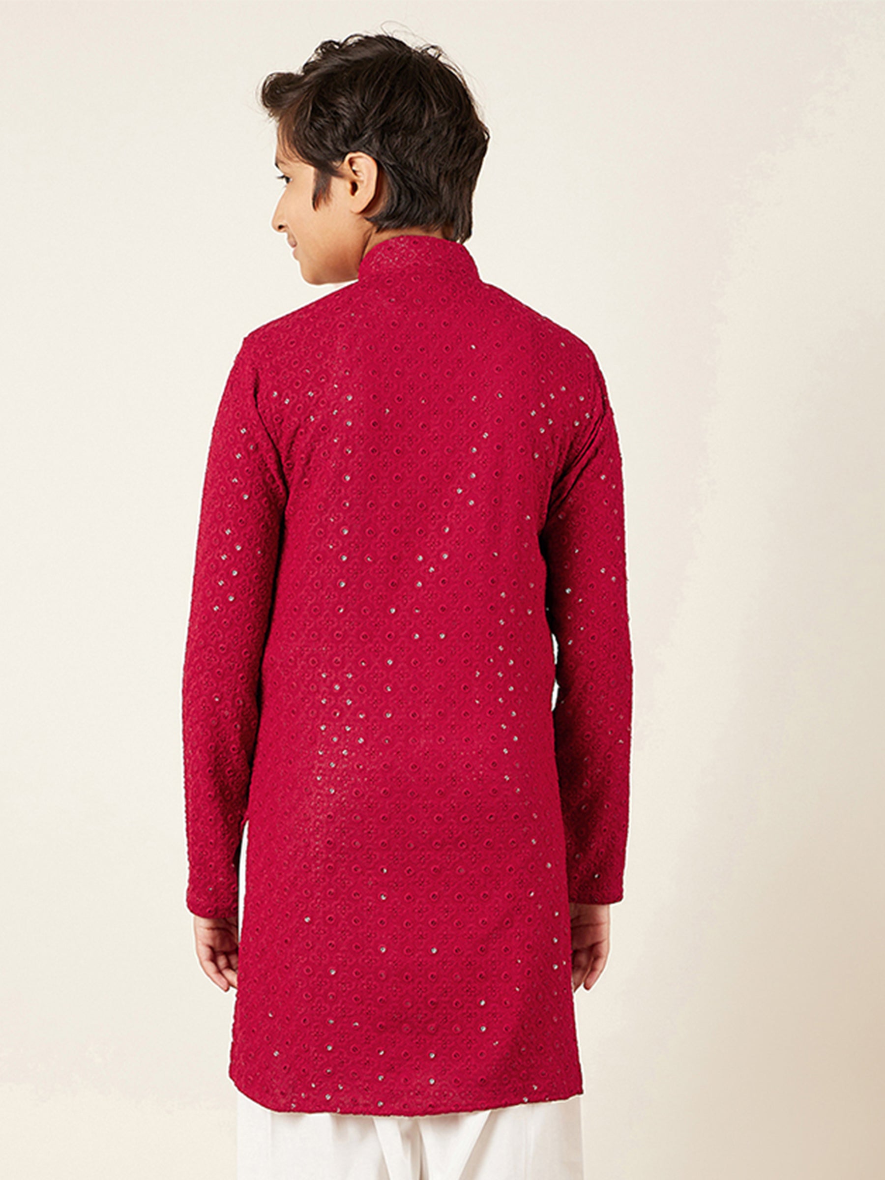 Kids Red Cotton Sequined Chikankari Kurta For Boys