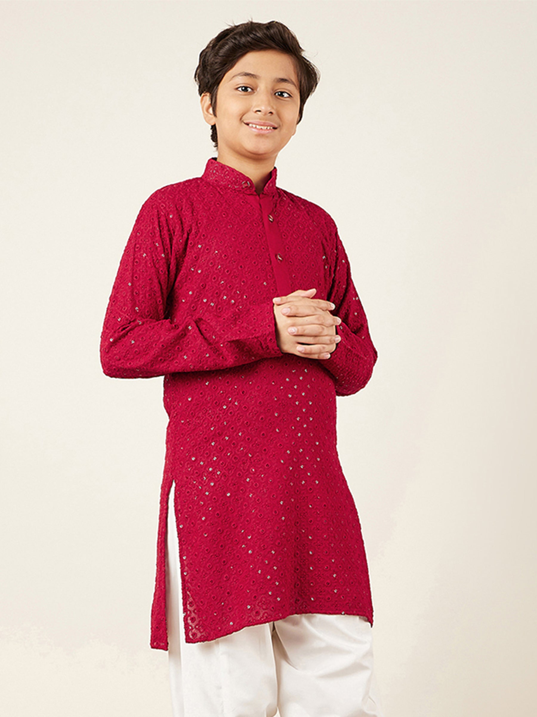 Kids Red Cotton Sequined Chikankari Kurta For Boys